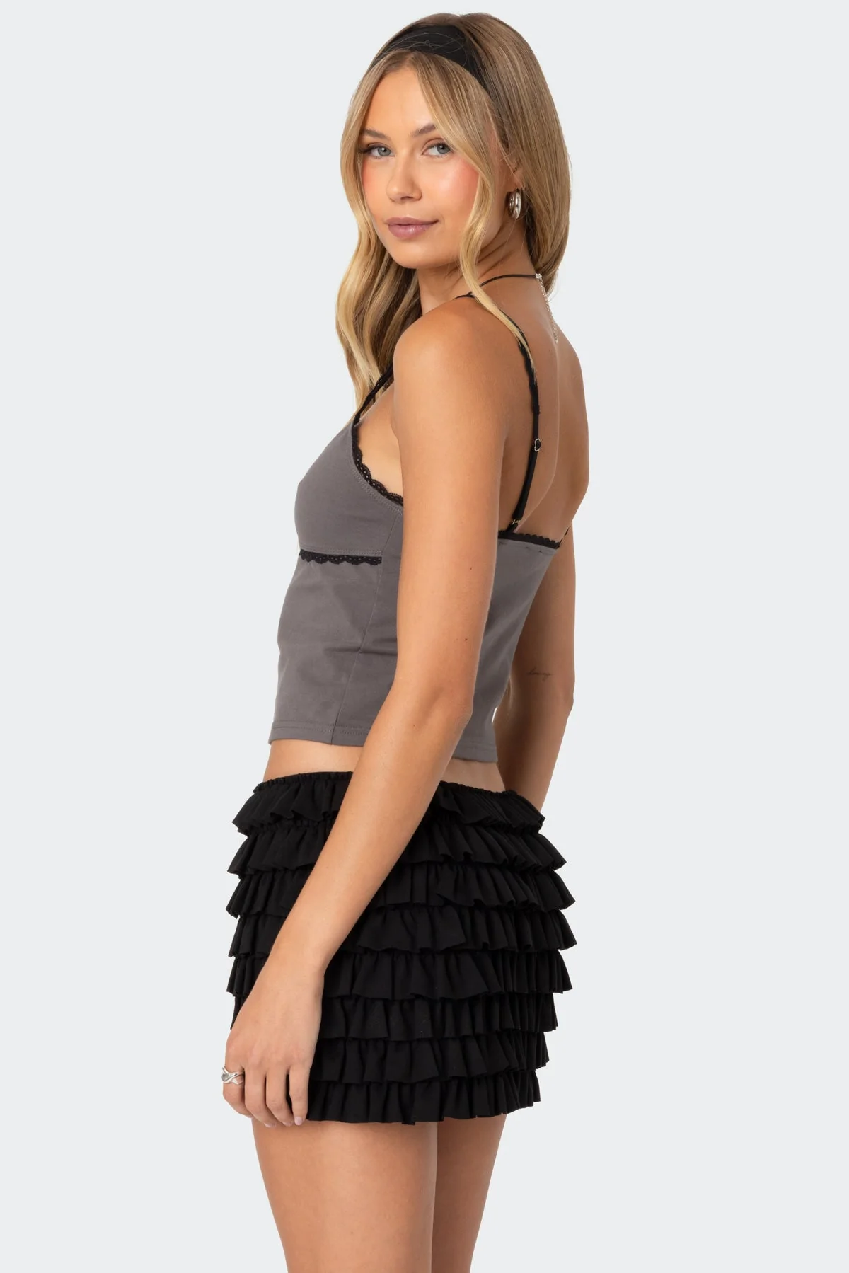 Gray Lace Trim Tank Top Womens Adjustable Straps Cotton Spandex