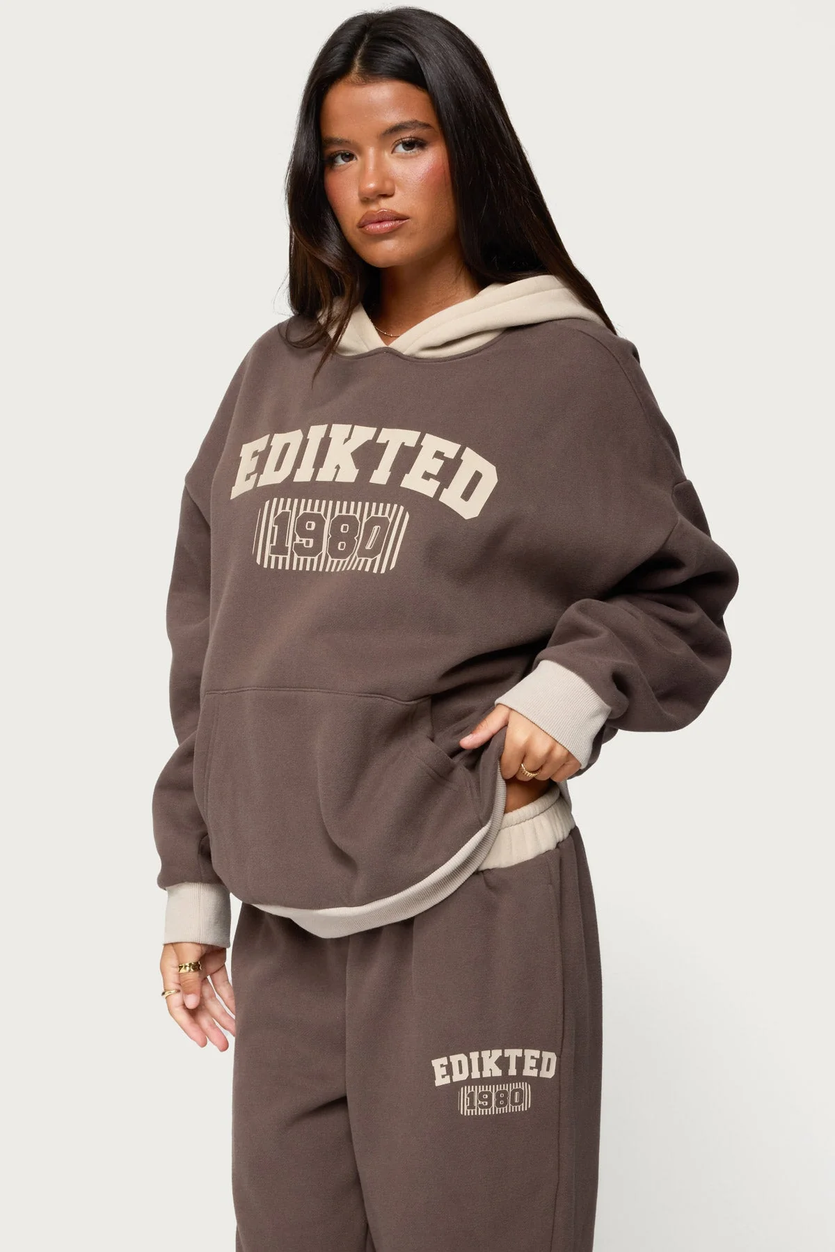 Brown Oversized Graphic Hoodie Set