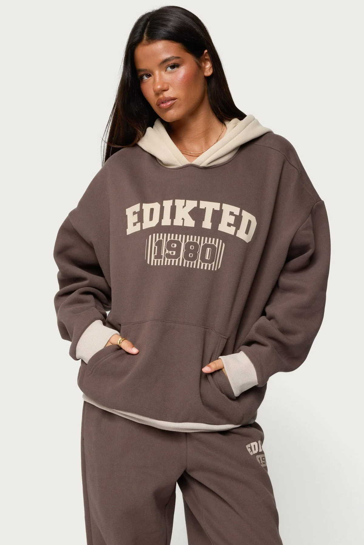 Brown Oversized Graphic Hoodie Set
