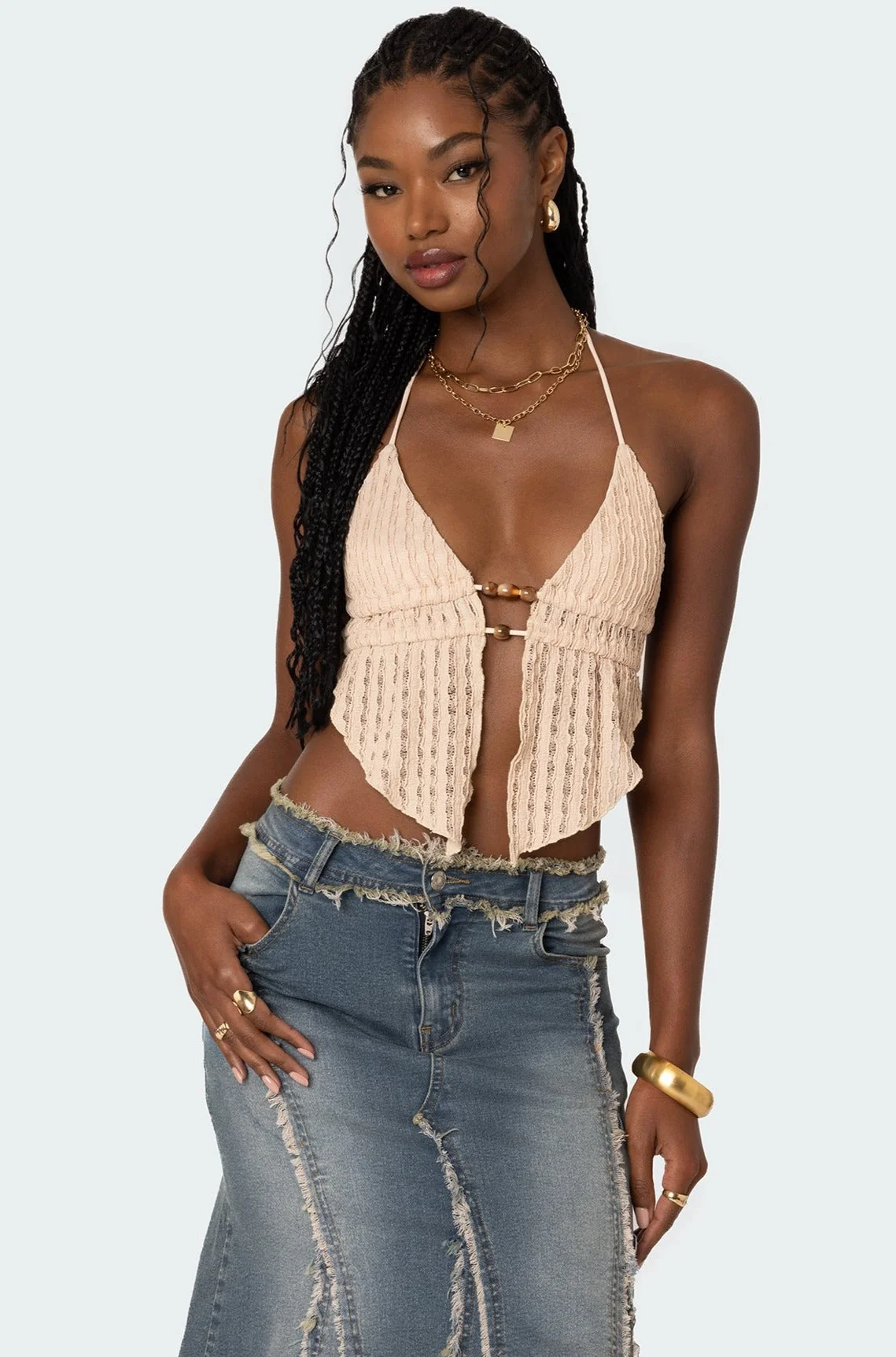 Textured Halter Neckline Backless Top in Beige | Womens Fashion