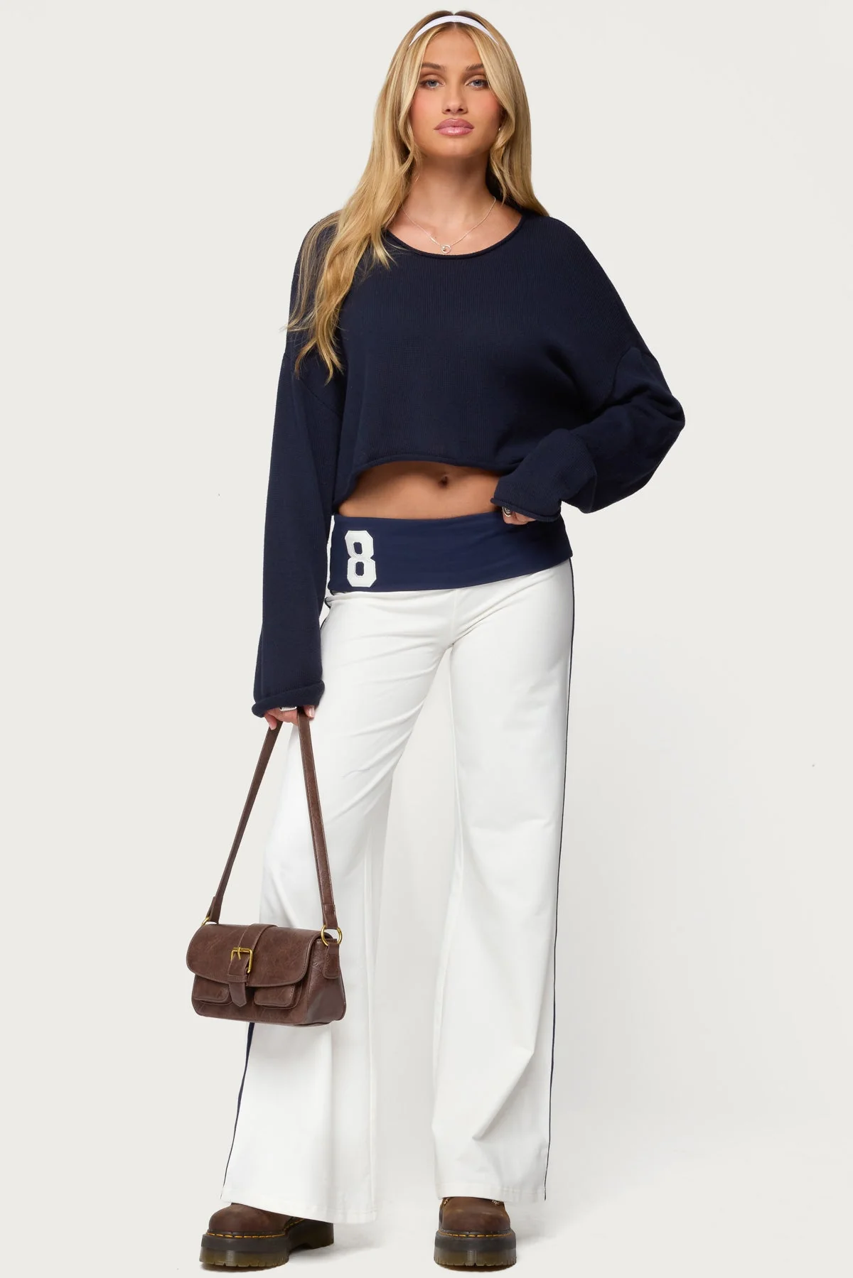 Wide Leg Contrast Fold Over Pants in White and Navy