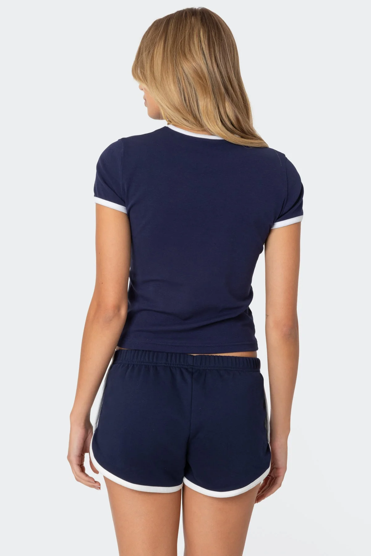 Navy Contrast Binding Graphic Print Cotton Spandex T-Shirt