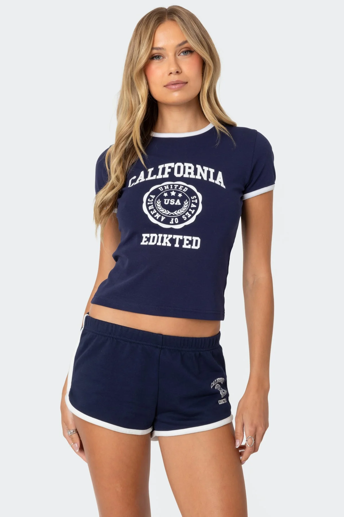 Navy Contrast Binding Graphic Print Cotton Spandex T-Shirt