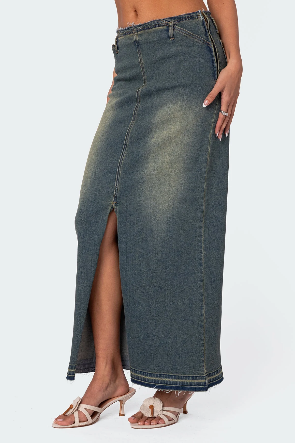 Blue Washed Denim Maxi Skirt for Women