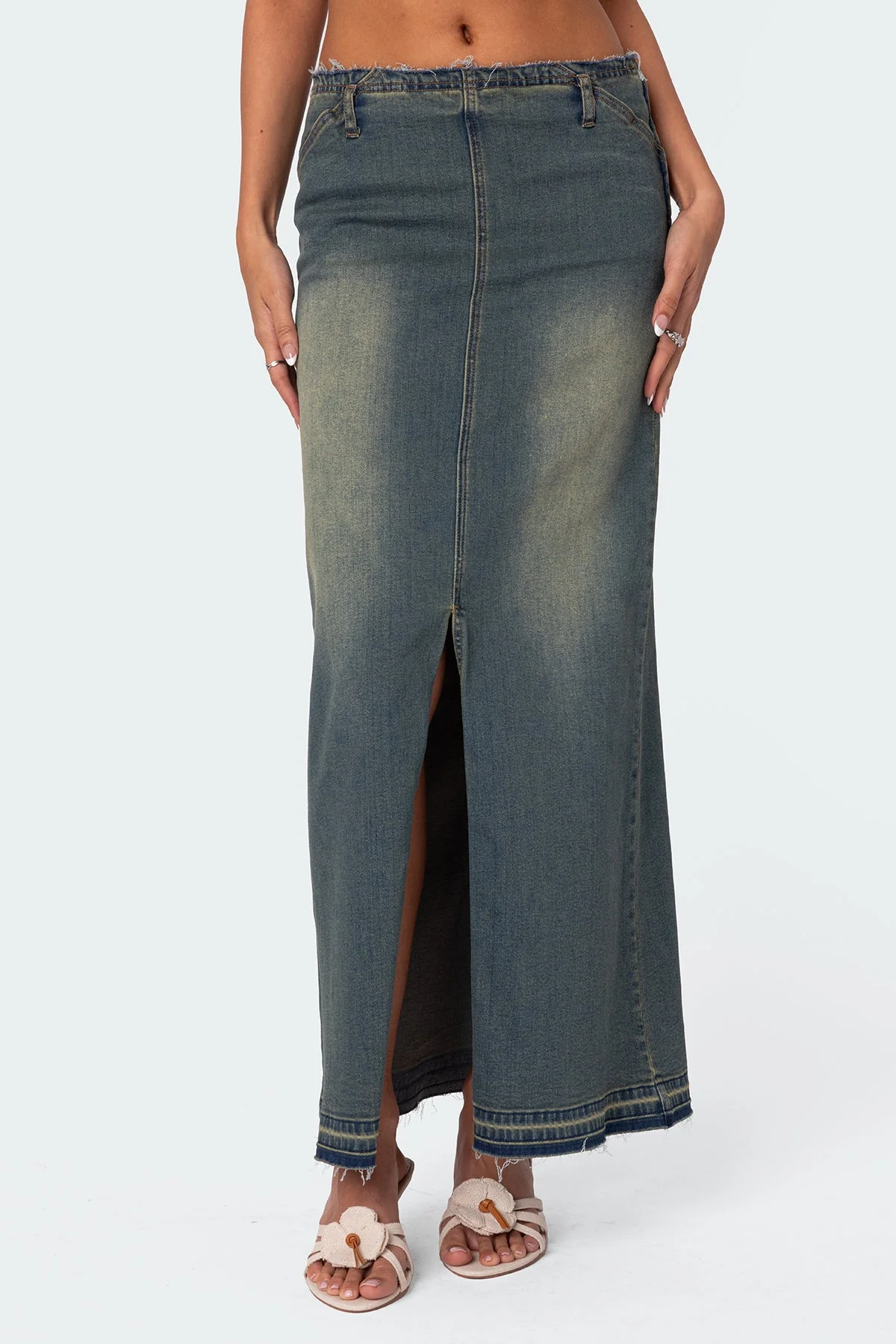 Blue Washed Denim Maxi Skirt for Women