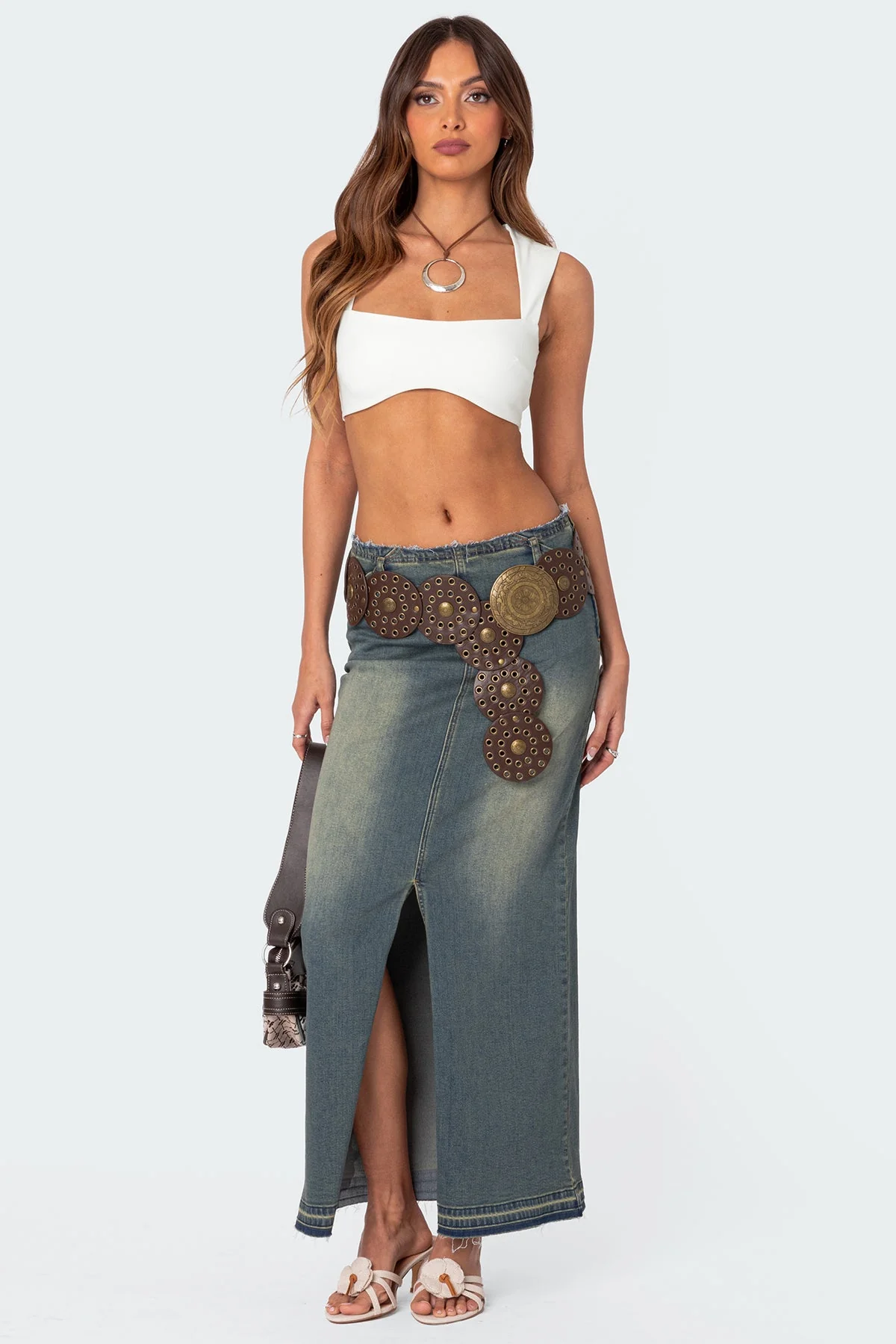 Blue Washed Denim Maxi Skirt for Women
