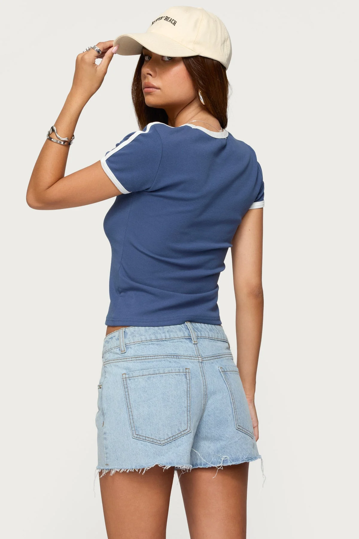 Blue V-Neck Contrast Graphic T-Shirt