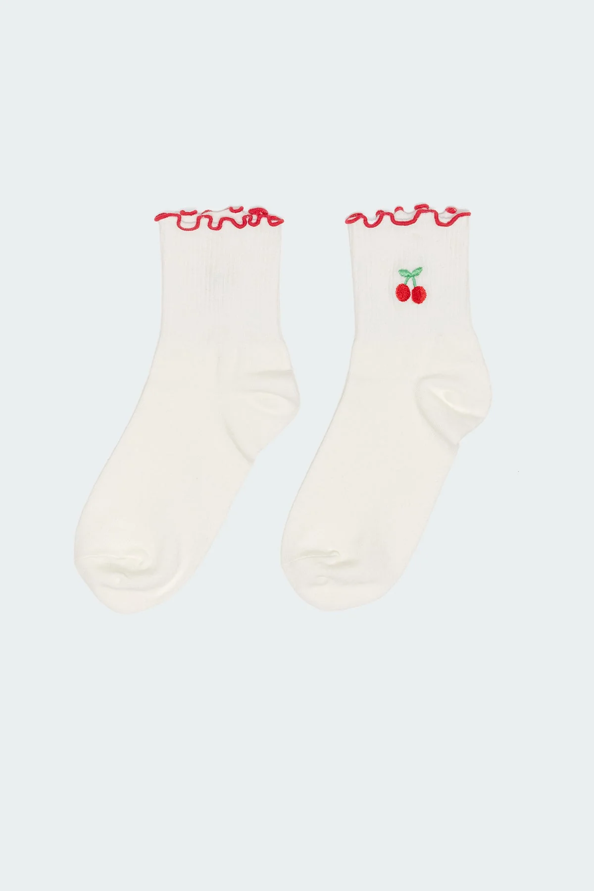 White Frill Hem Cotton Socks - Premium Cherry Design
