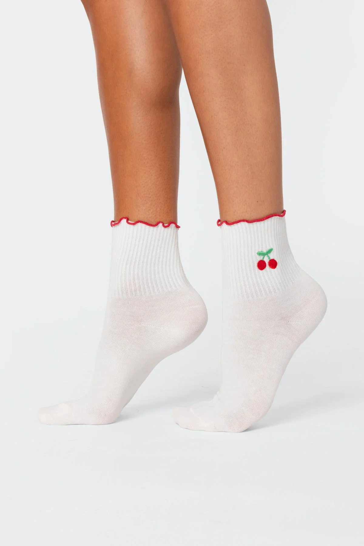 White Frill Hem Cotton Socks - Premium Cherry Design