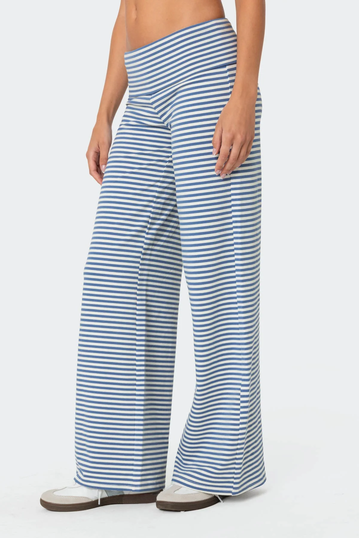 Striped Wide Leg Fold Over Pants Blue and White