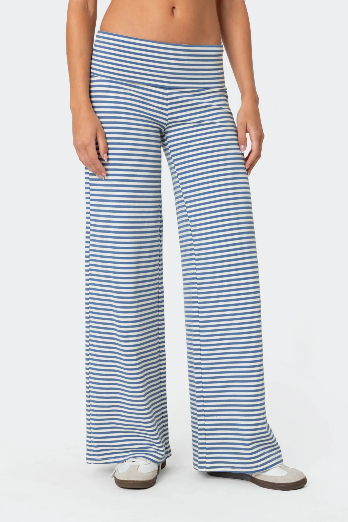 Striped Wide Leg Fold Over Pants Blue and White