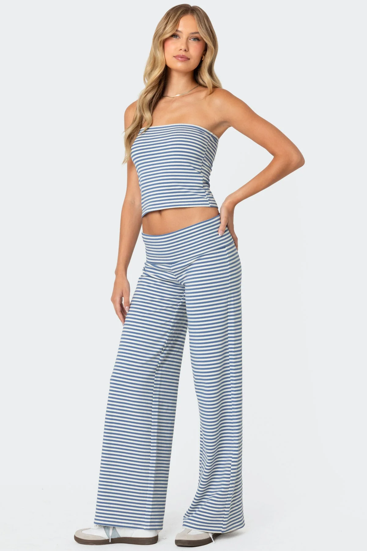 Striped Wide Leg Fold Over Pants Blue and White