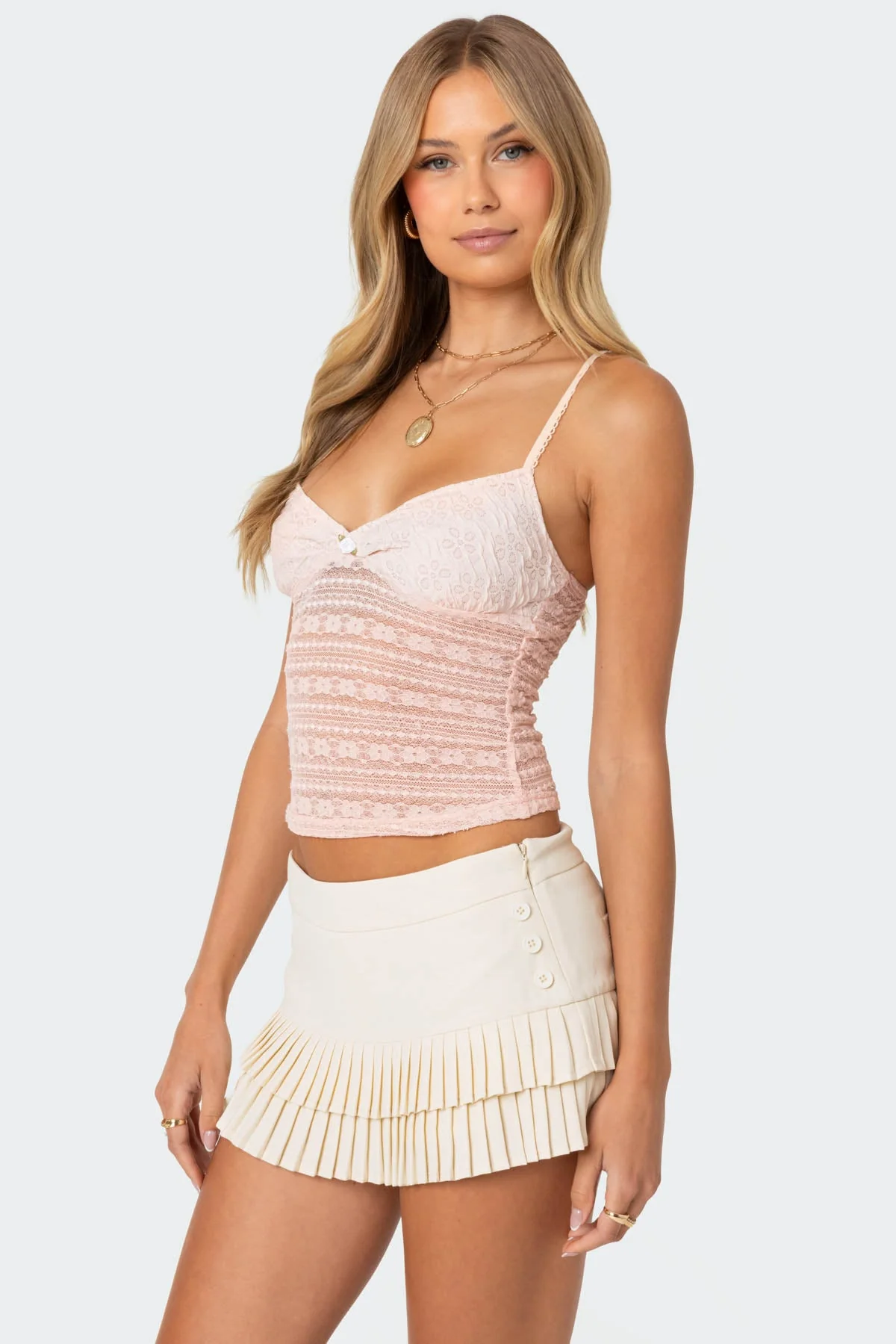 Light Pink Textured Lace Tank Top - Adjustable Straps & Center Rose Detail