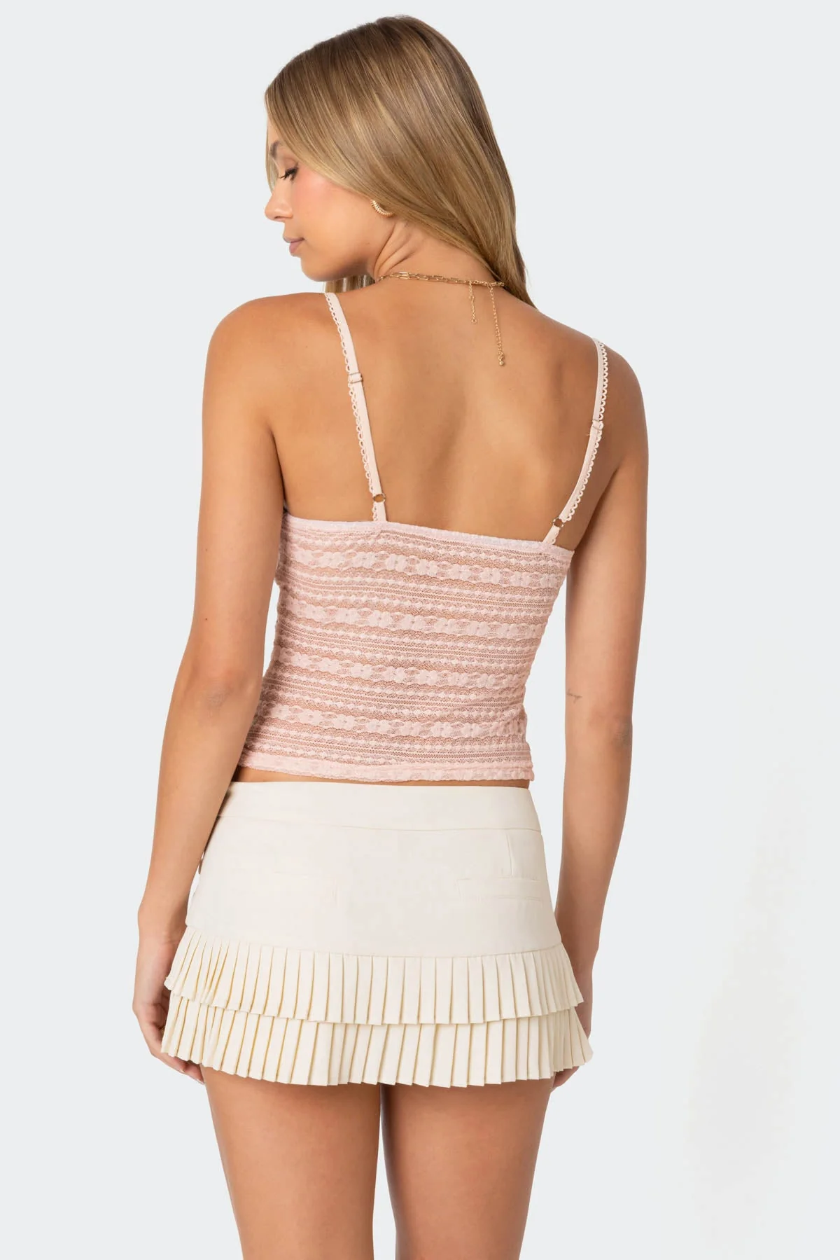 Light Pink Textured Lace Tank Top - Adjustable Straps & Center Rose Detail