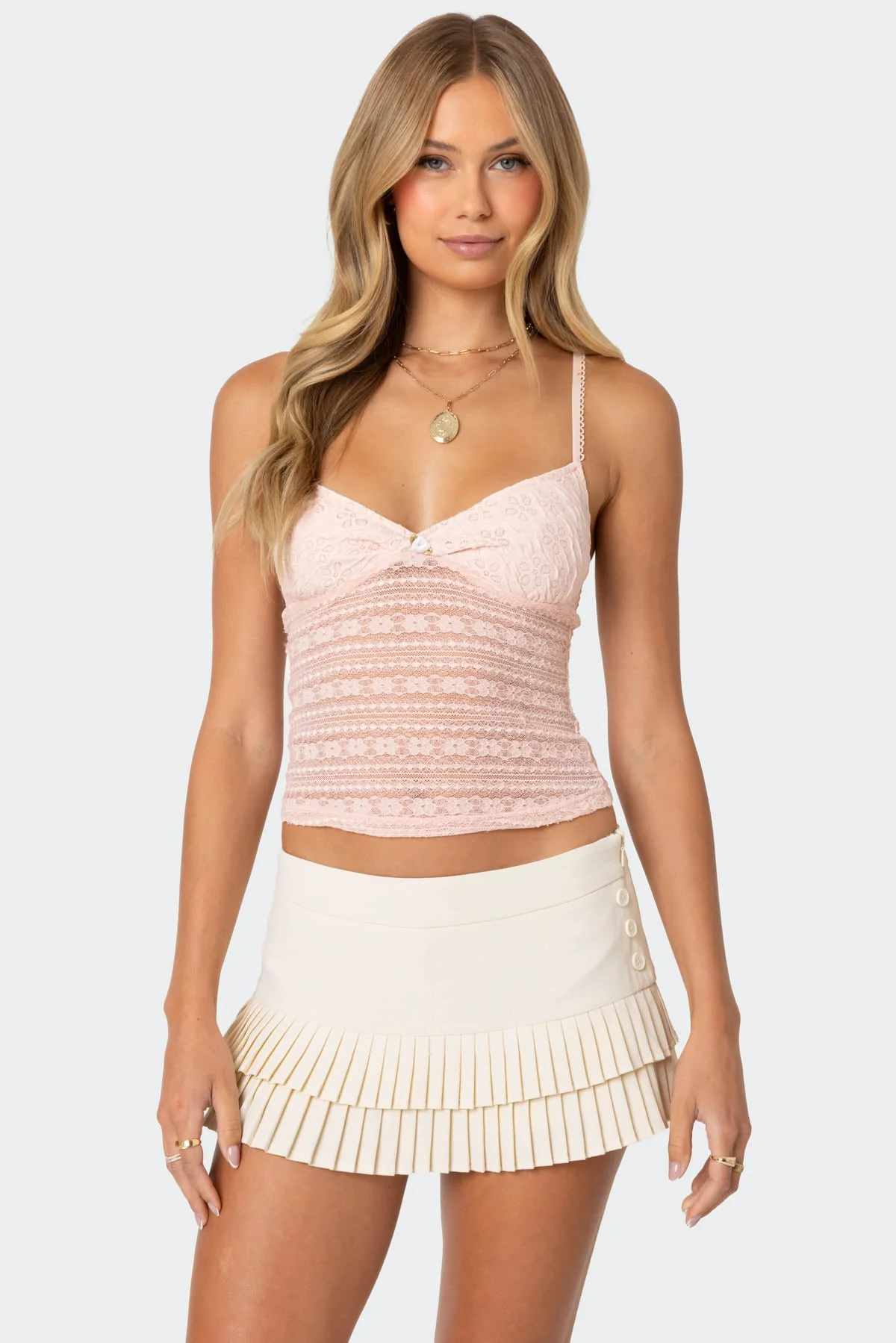 Light Pink Textured Lace Tank Top - Adjustable Straps & Center Rose Detail