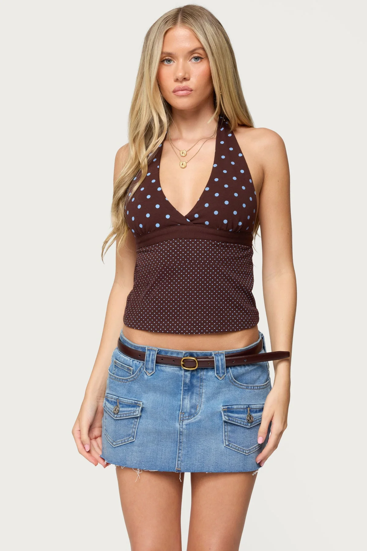 Ginny Polka Dot Halter Neck Top in Brown Cotton Spandex Mix