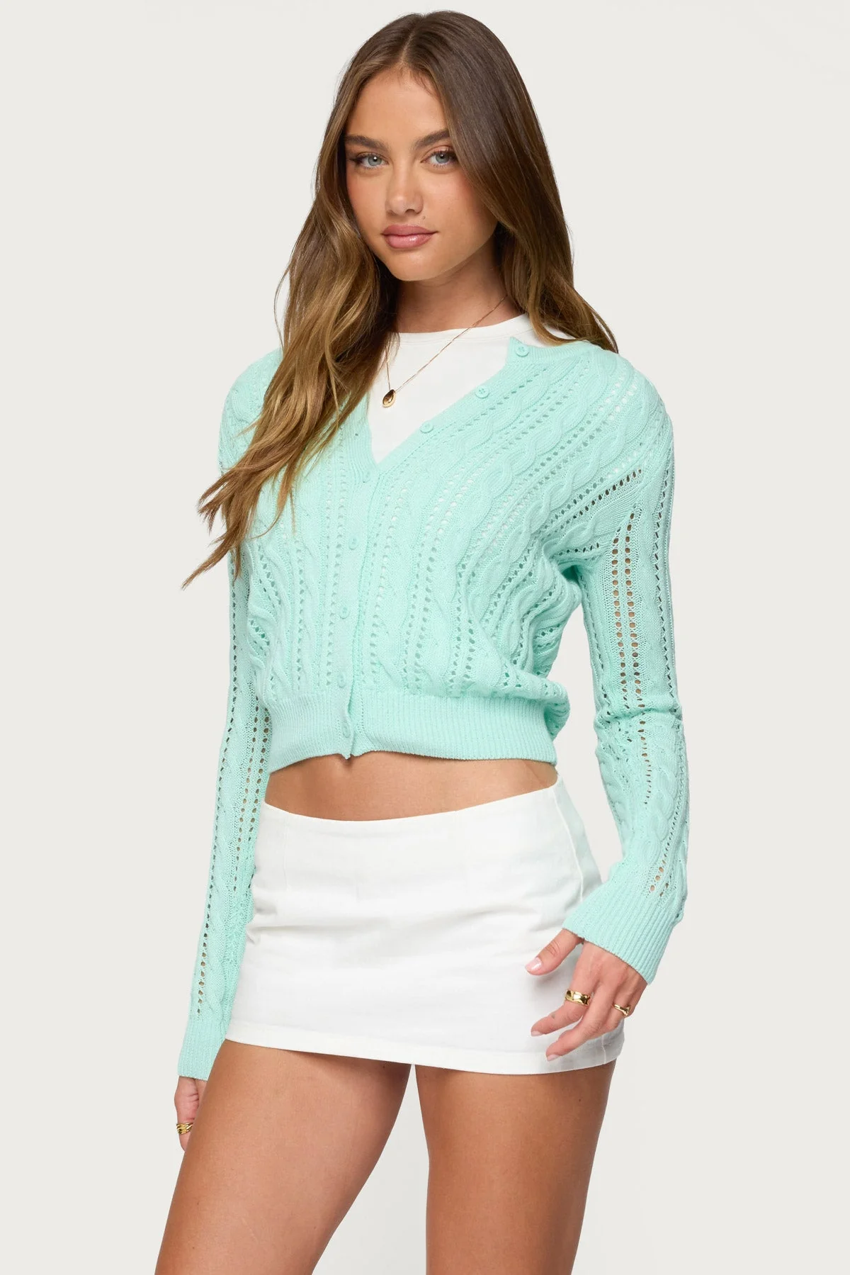 AQUA Cable Knit Cardigan - Womens Stylish Long Sleeve Sweater