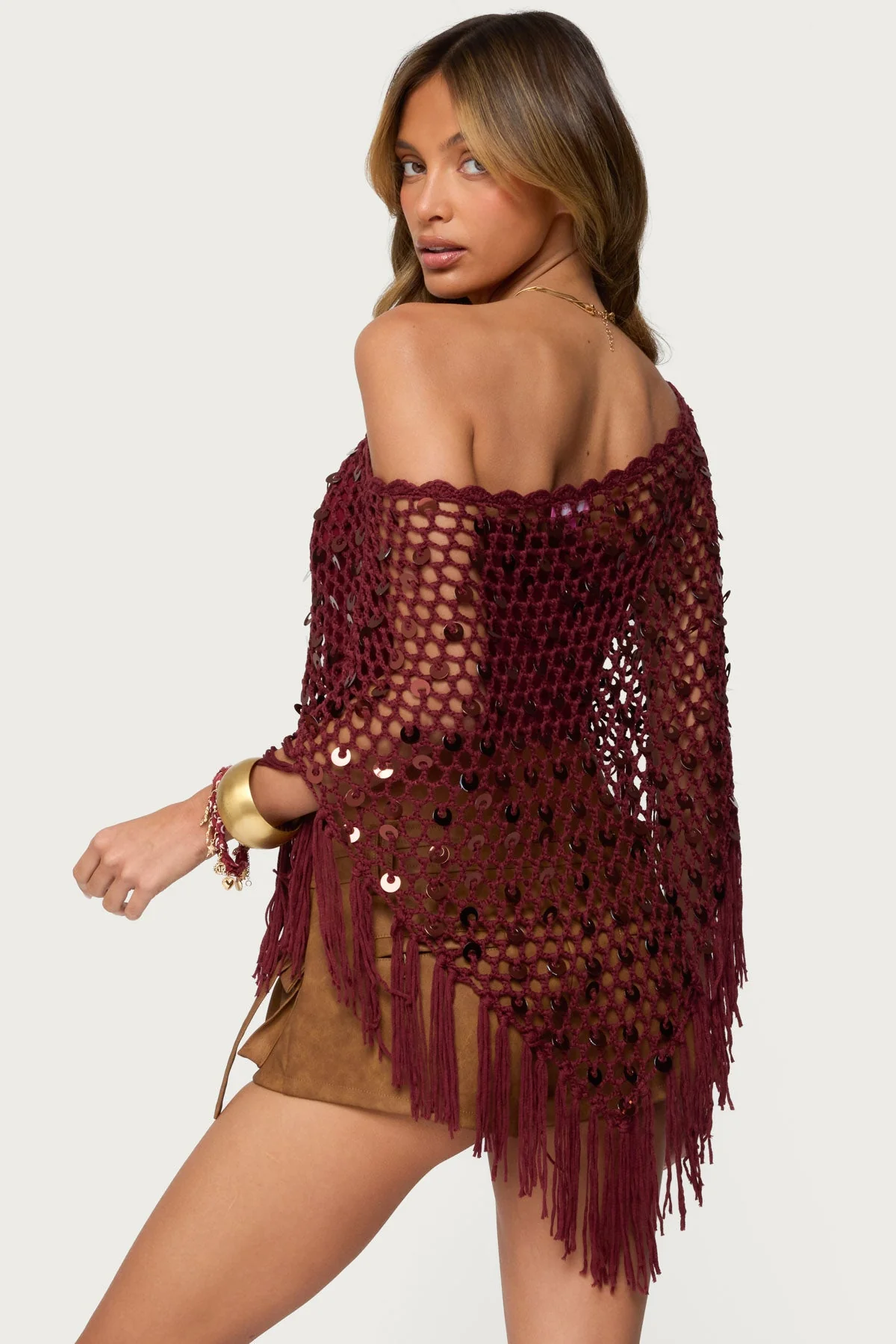 Burgundy Sequin Crochet Poncho Top