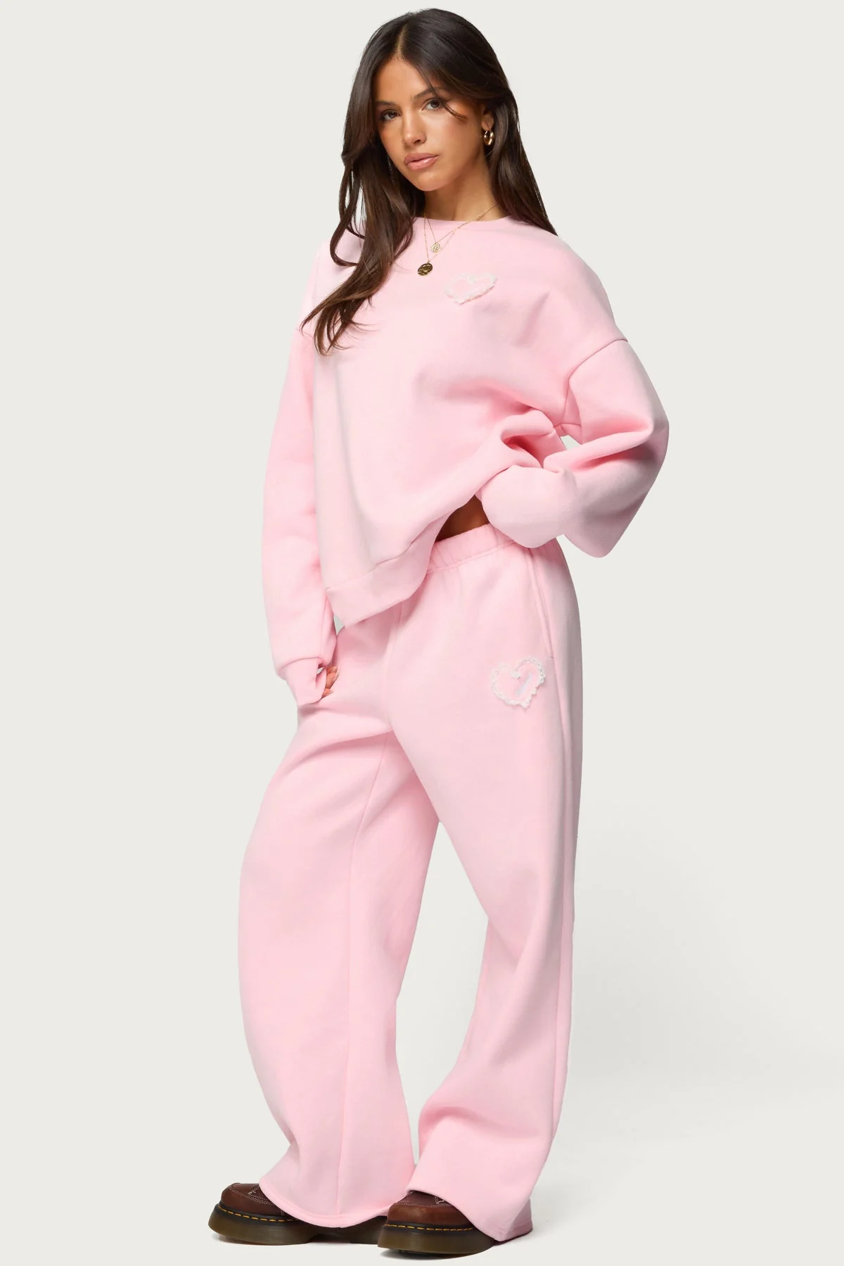 Pink Wide Leg Sweatpants with Lace Heart Patch
