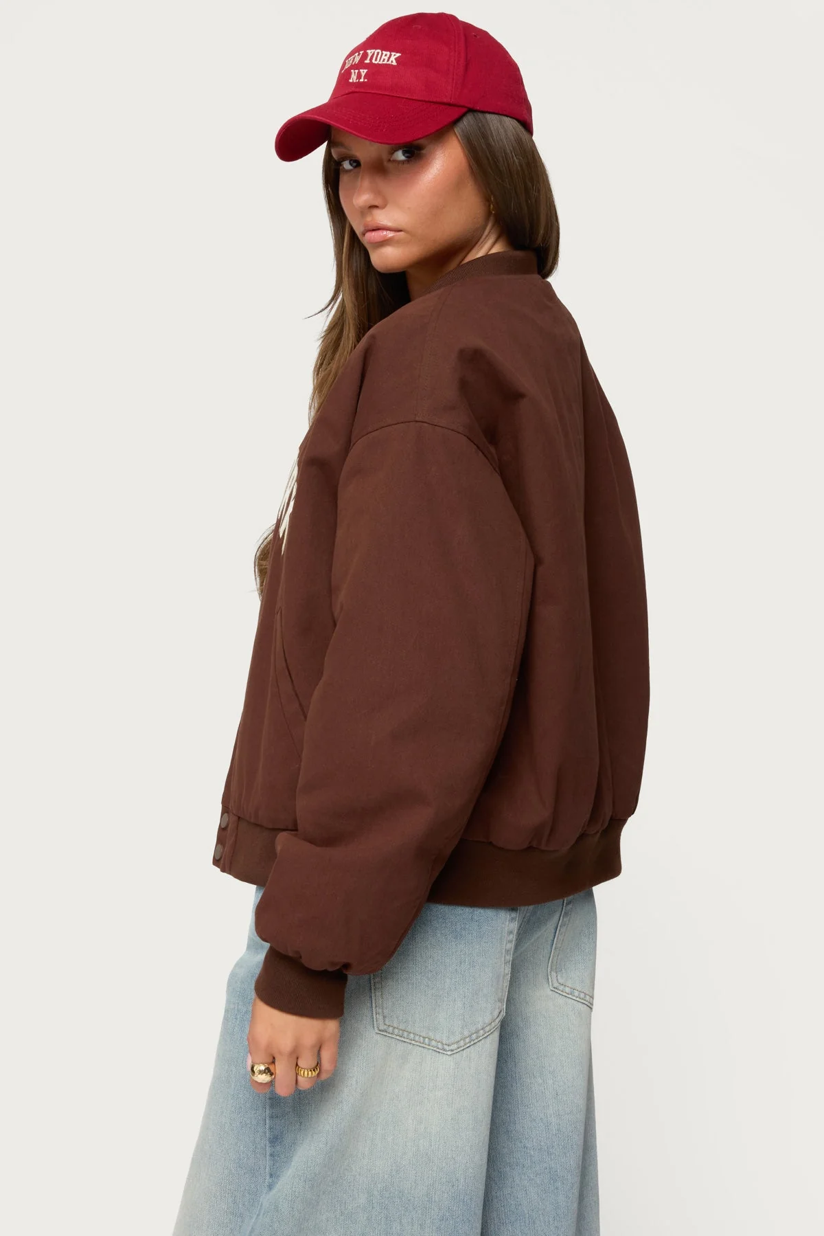 Oversized Cotton Bomber Jacket in Brown