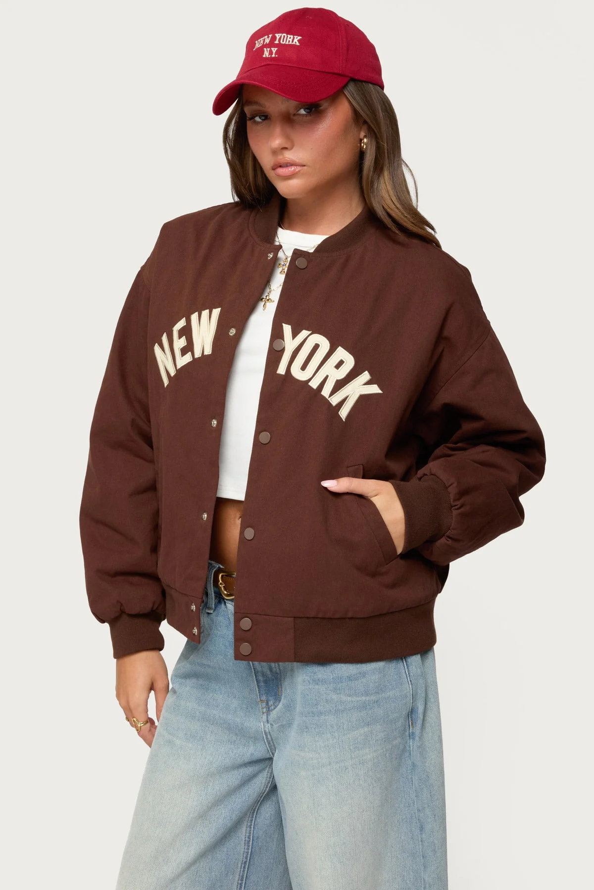 Oversized Cotton Bomber Jacket in Brown