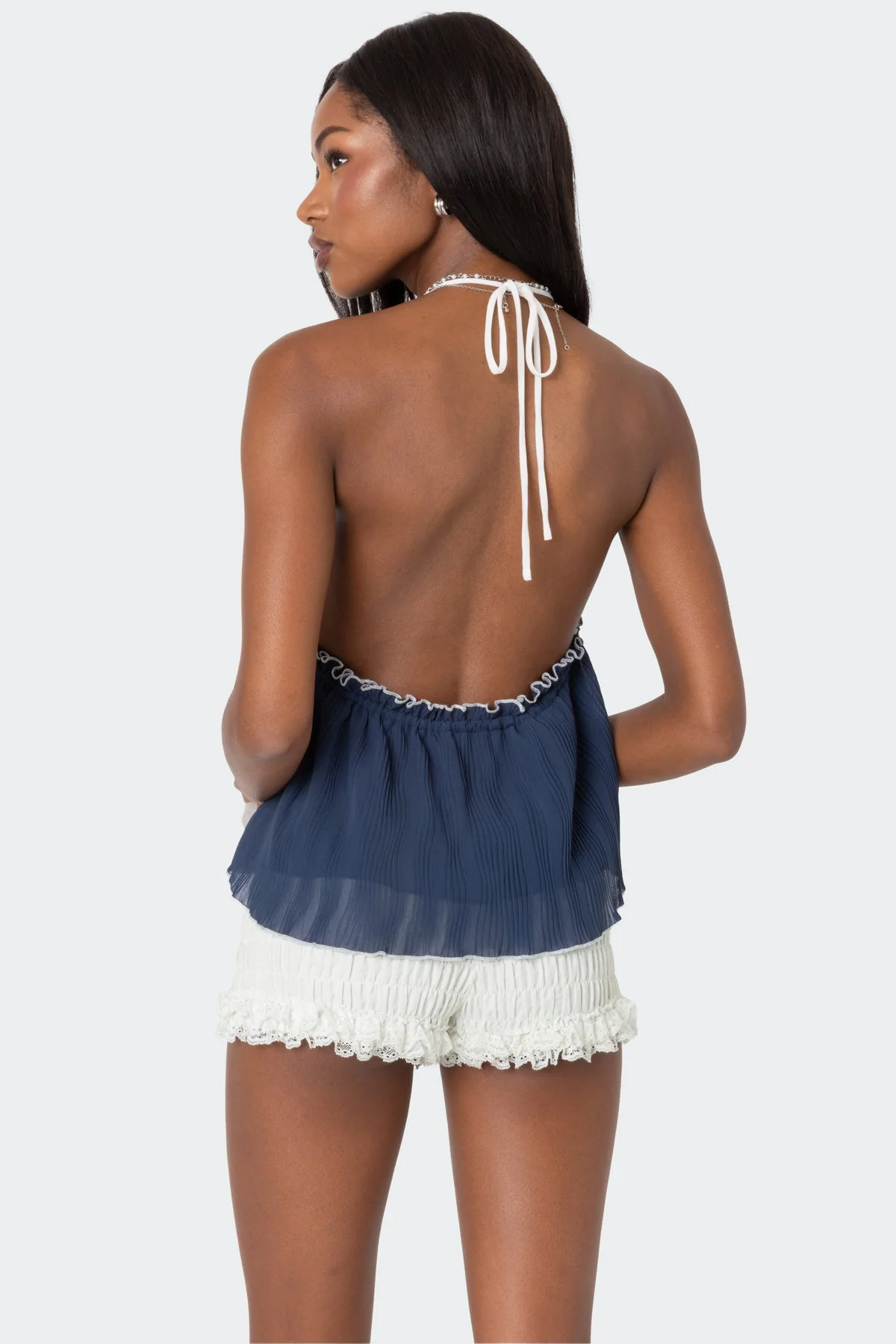 Navy Crinkled Halter Neck Top with Ruffle Detailing