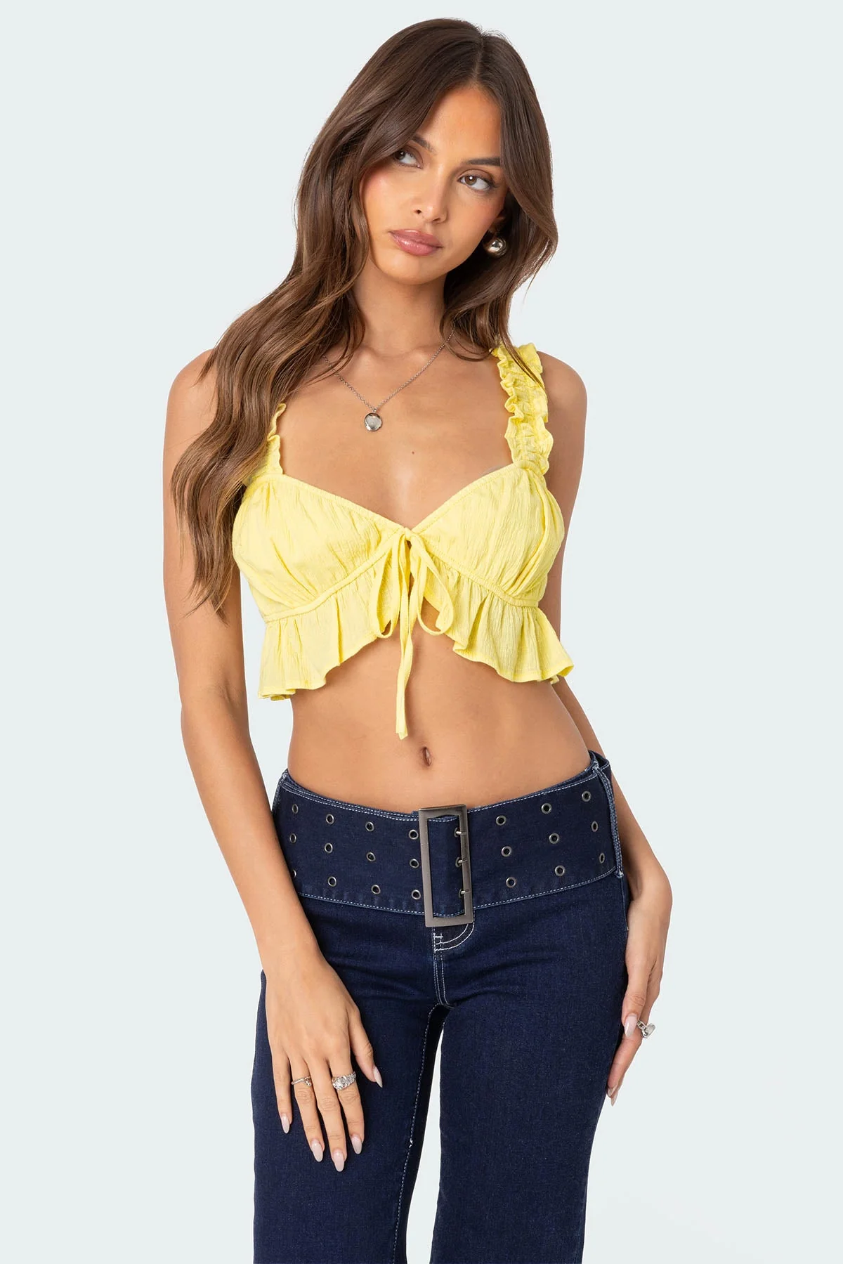 Yellow Ruffled Crop Top - Stylish Tie Front Design