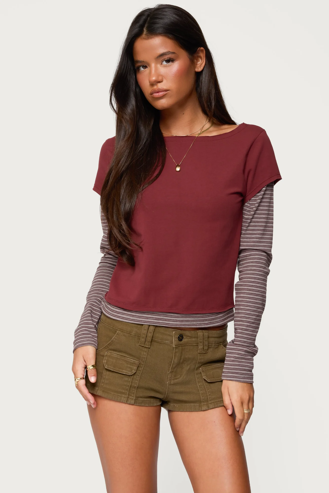 Burgundy Layered Striped Long Sleeve Shirt