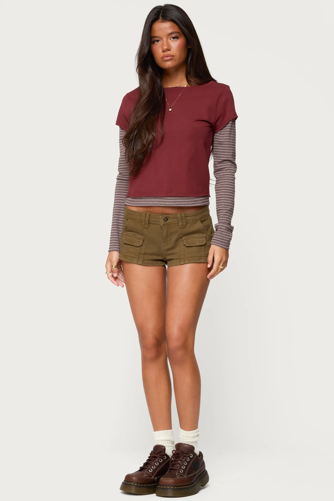 Burgundy Layered Striped Long Sleeve Shirt