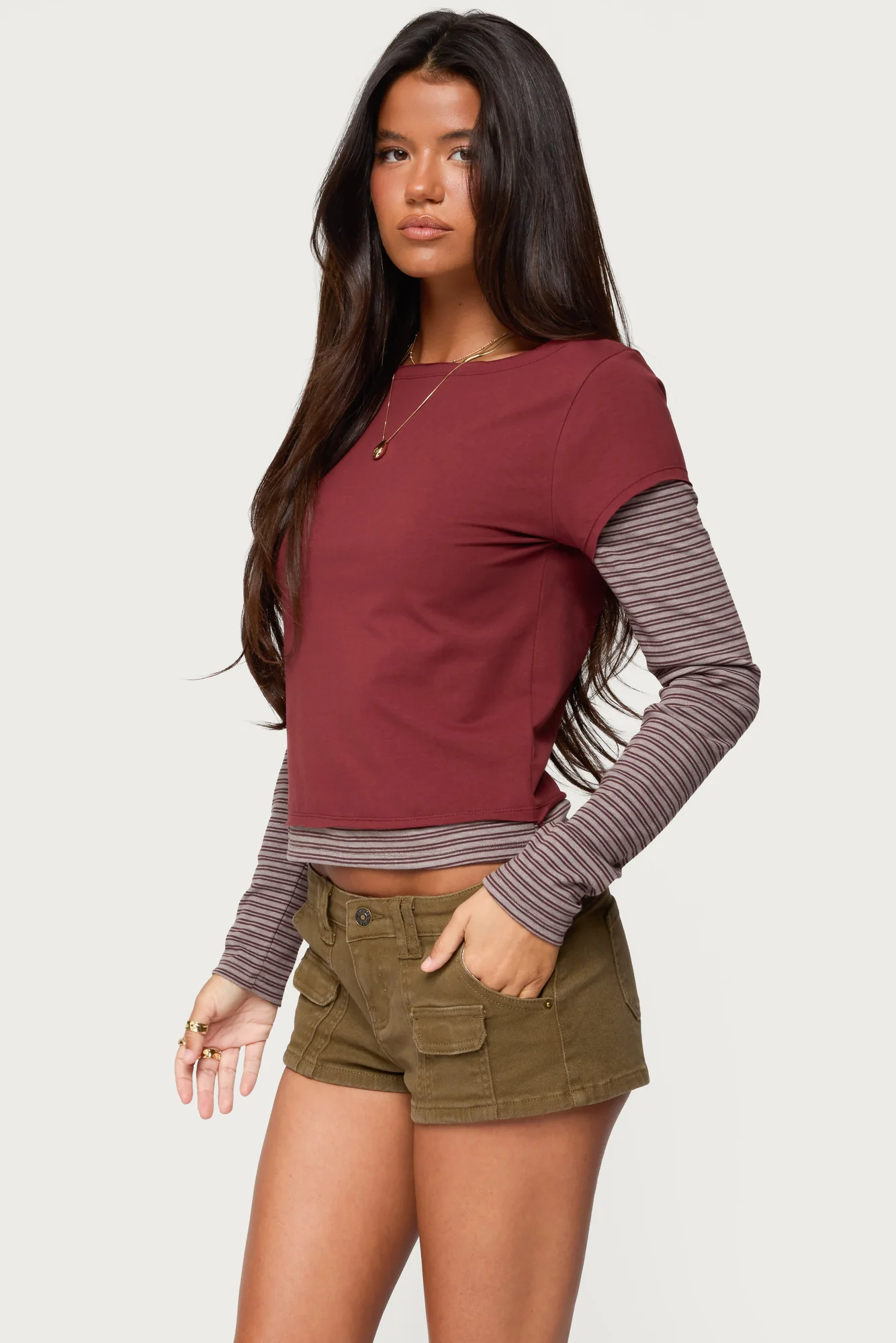 Burgundy Layered Striped Long Sleeve Shirt