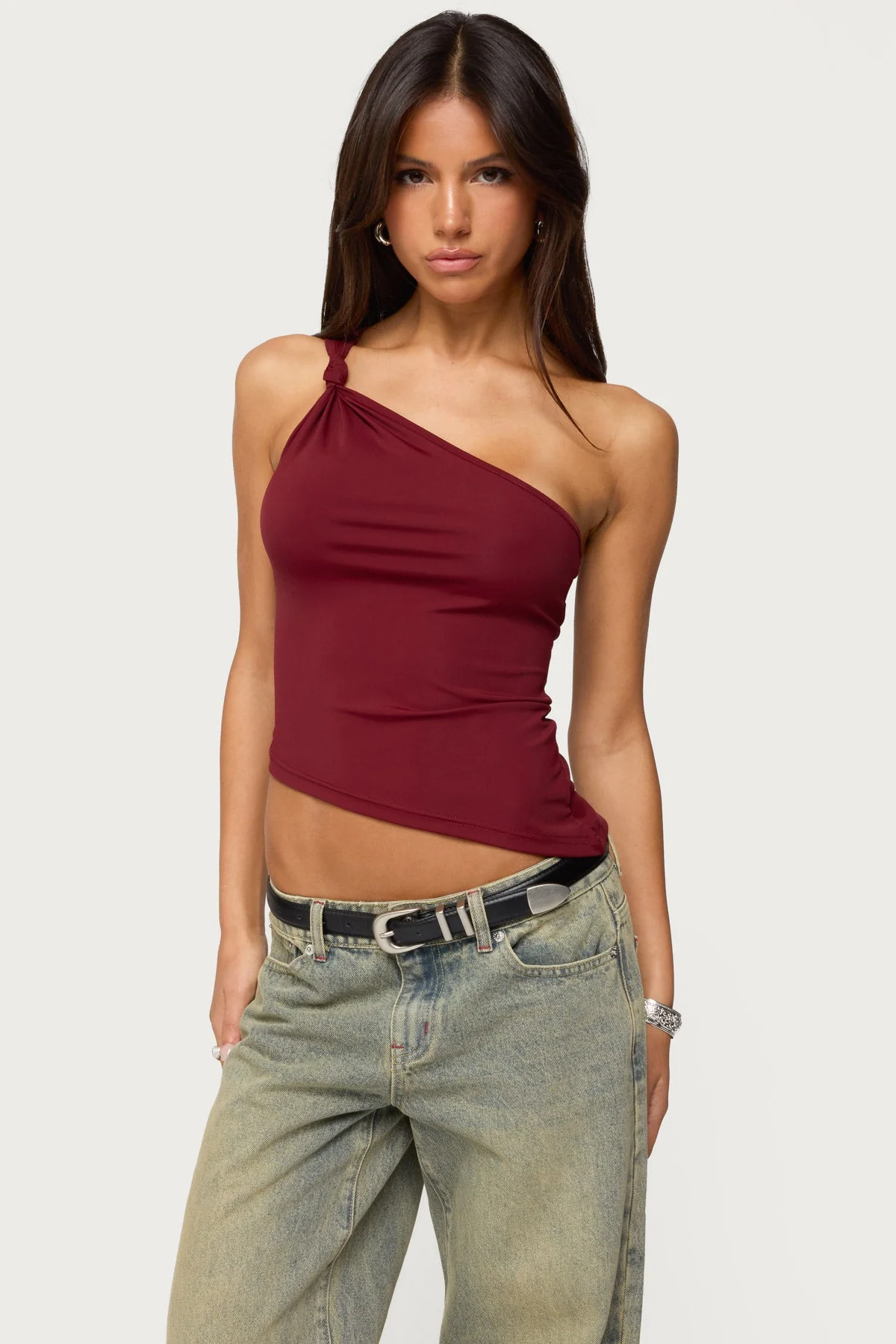 Burgundy Knotted Asymmetric Top