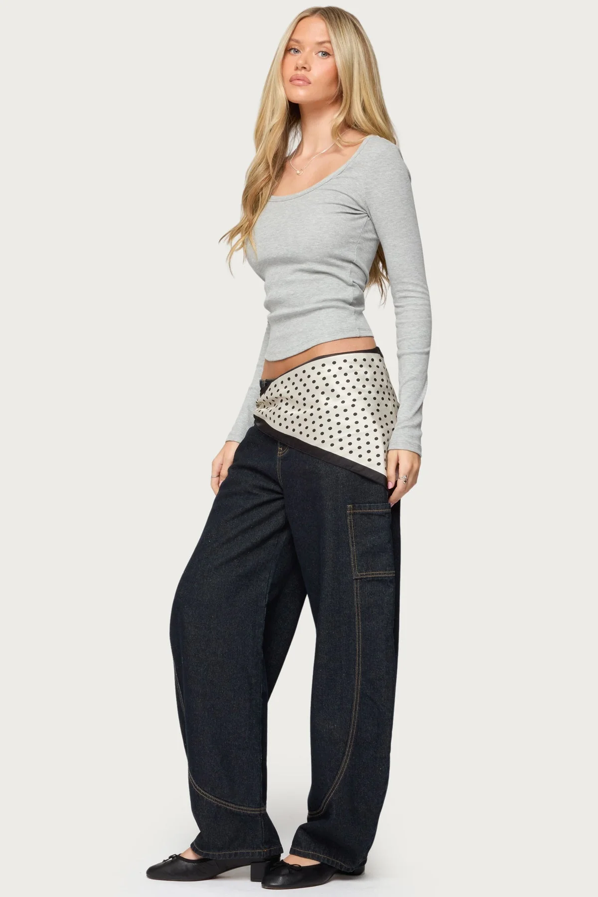 Ribbed Cotton Spandex Scoop Neck Top in Gray Melange