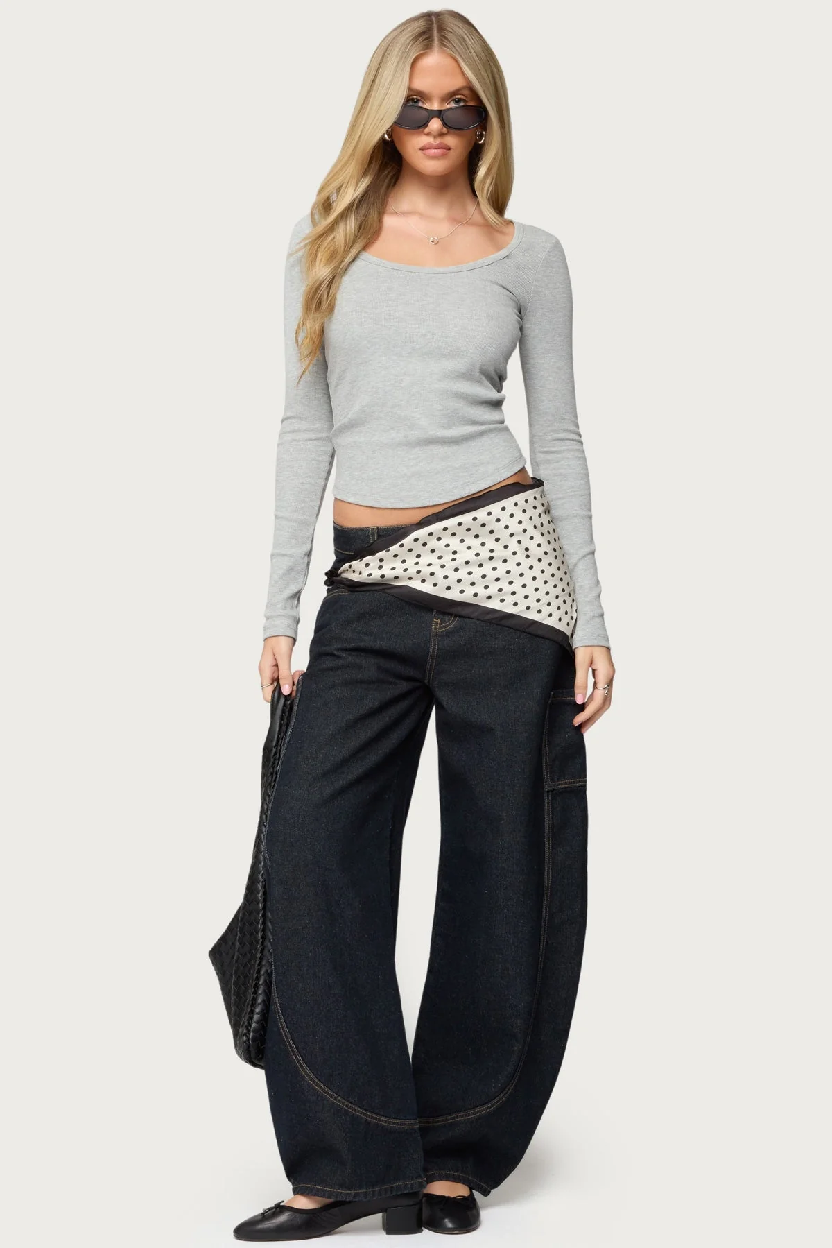 Ribbed Cotton Spandex Scoop Neck Top in Gray Melange