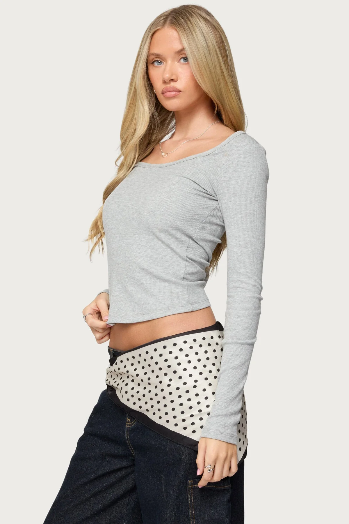 Ribbed Cotton Spandex Scoop Neck Top in Gray Melange