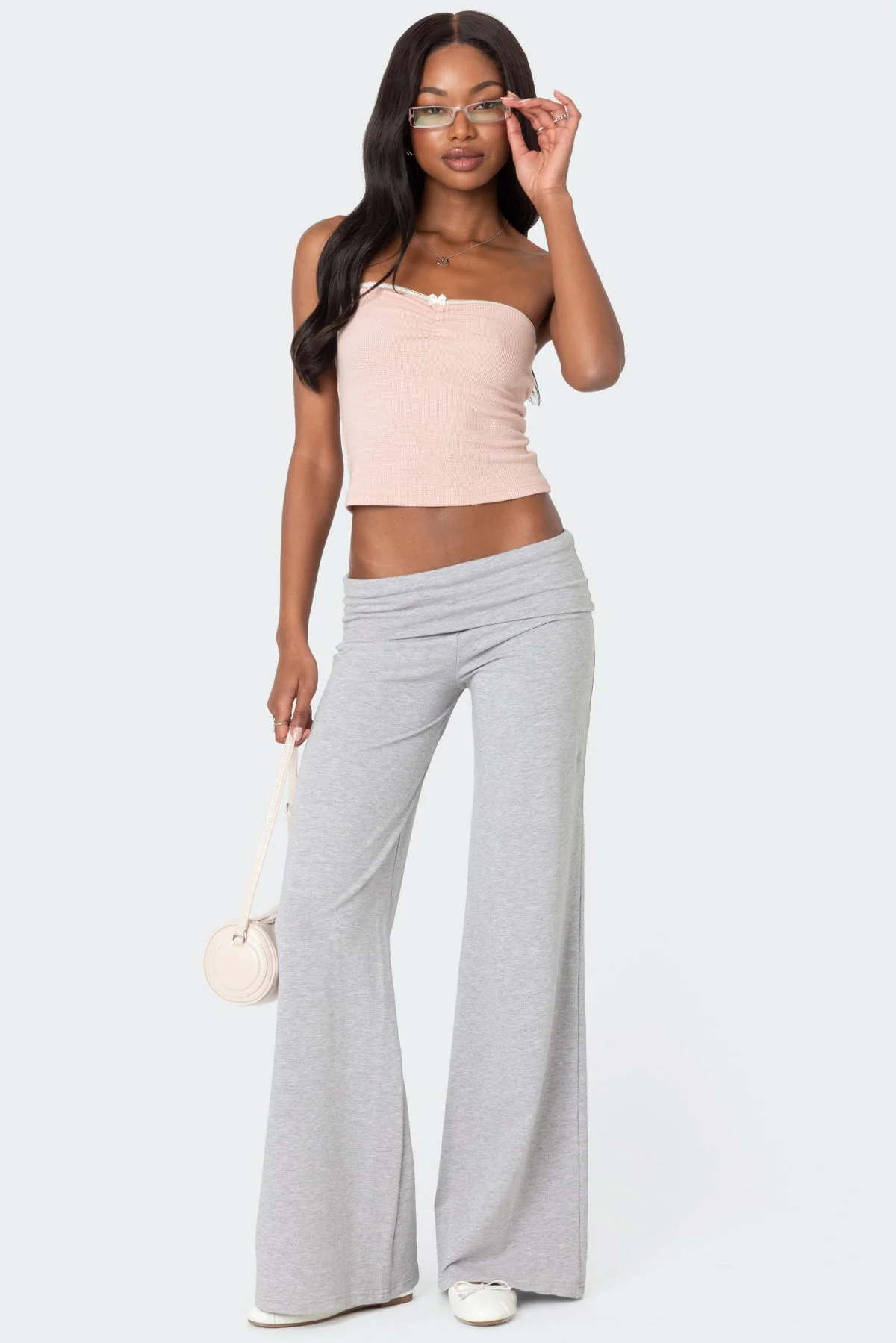 Light Gray Melange Wide Leg Fold Over Pants XS-XL