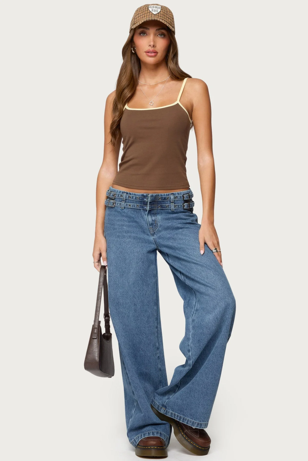 Adjustable Straps Cotton Spandex Tank Top - Brown