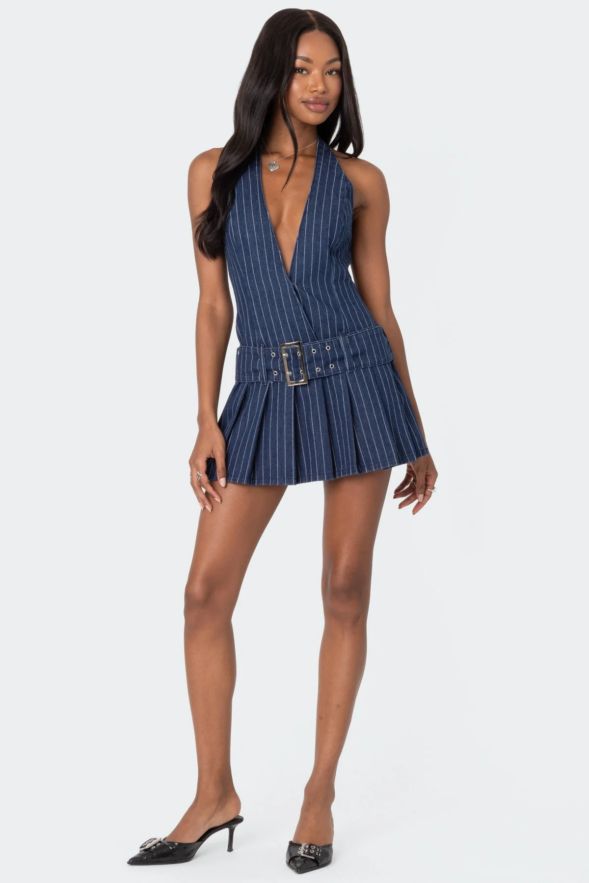 Navy Pinstripe Denim Halter Mini Dress