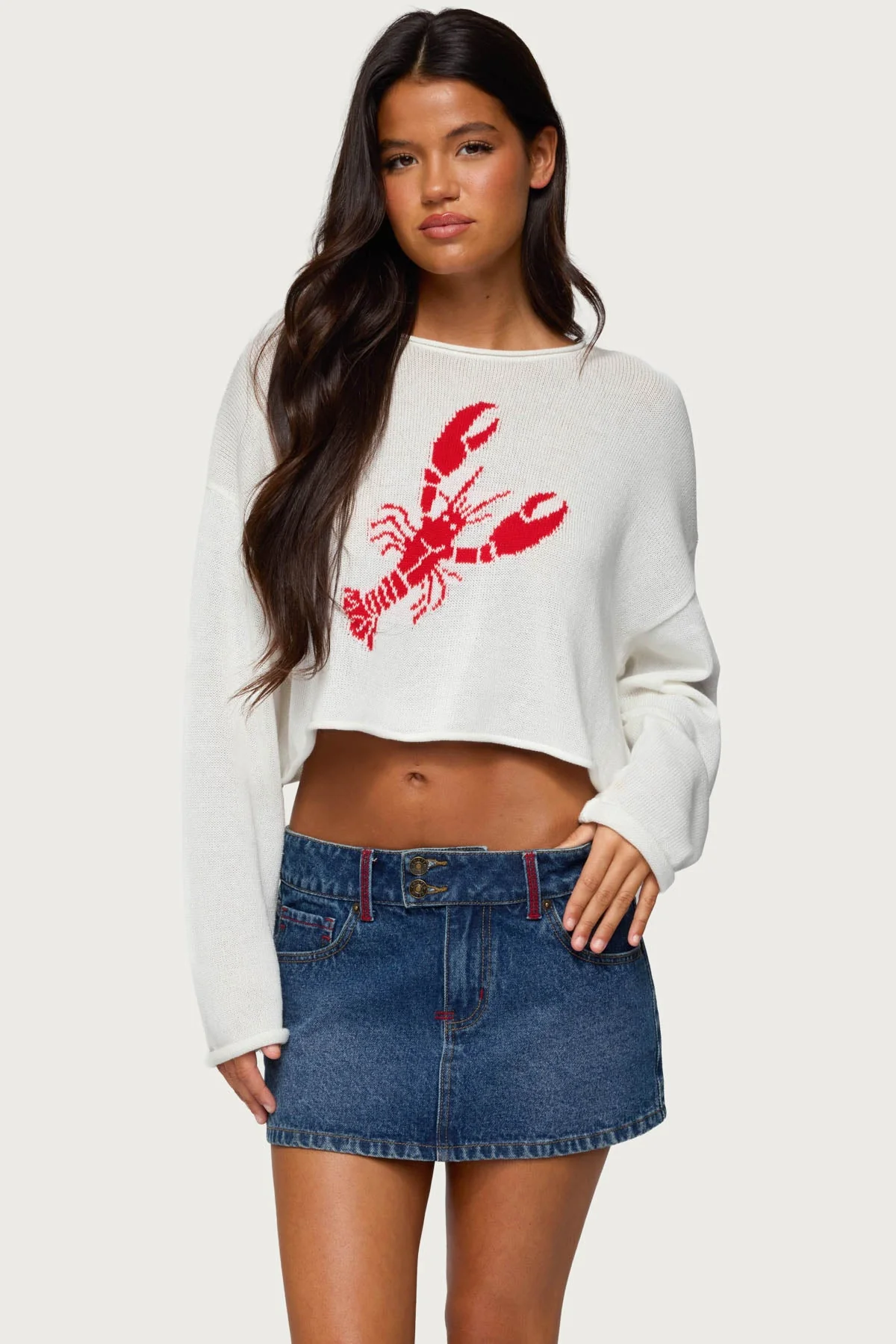 White Oversized Knit Sweater with Lobster Graphic