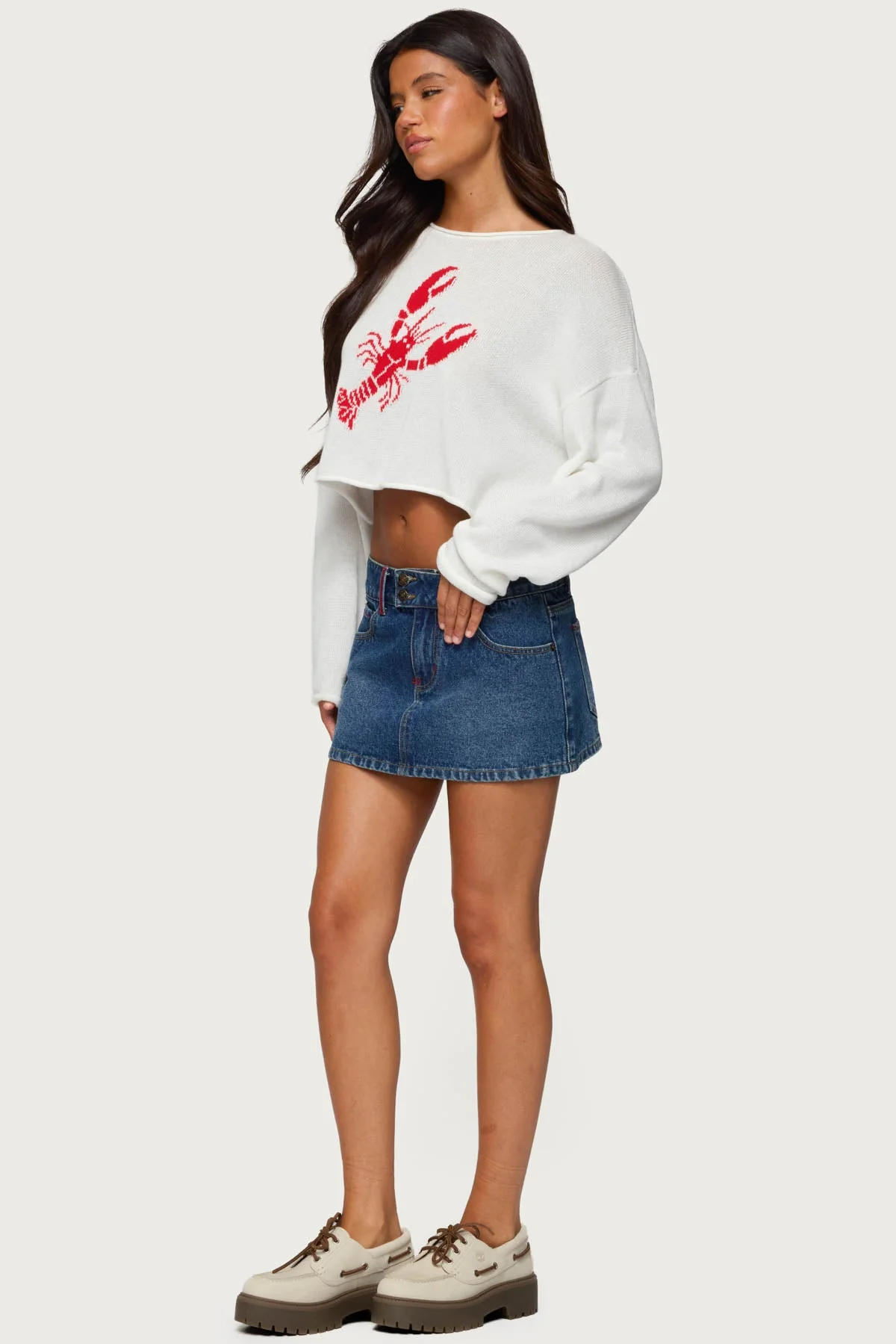 White Oversized Knit Sweater with Lobster Graphic