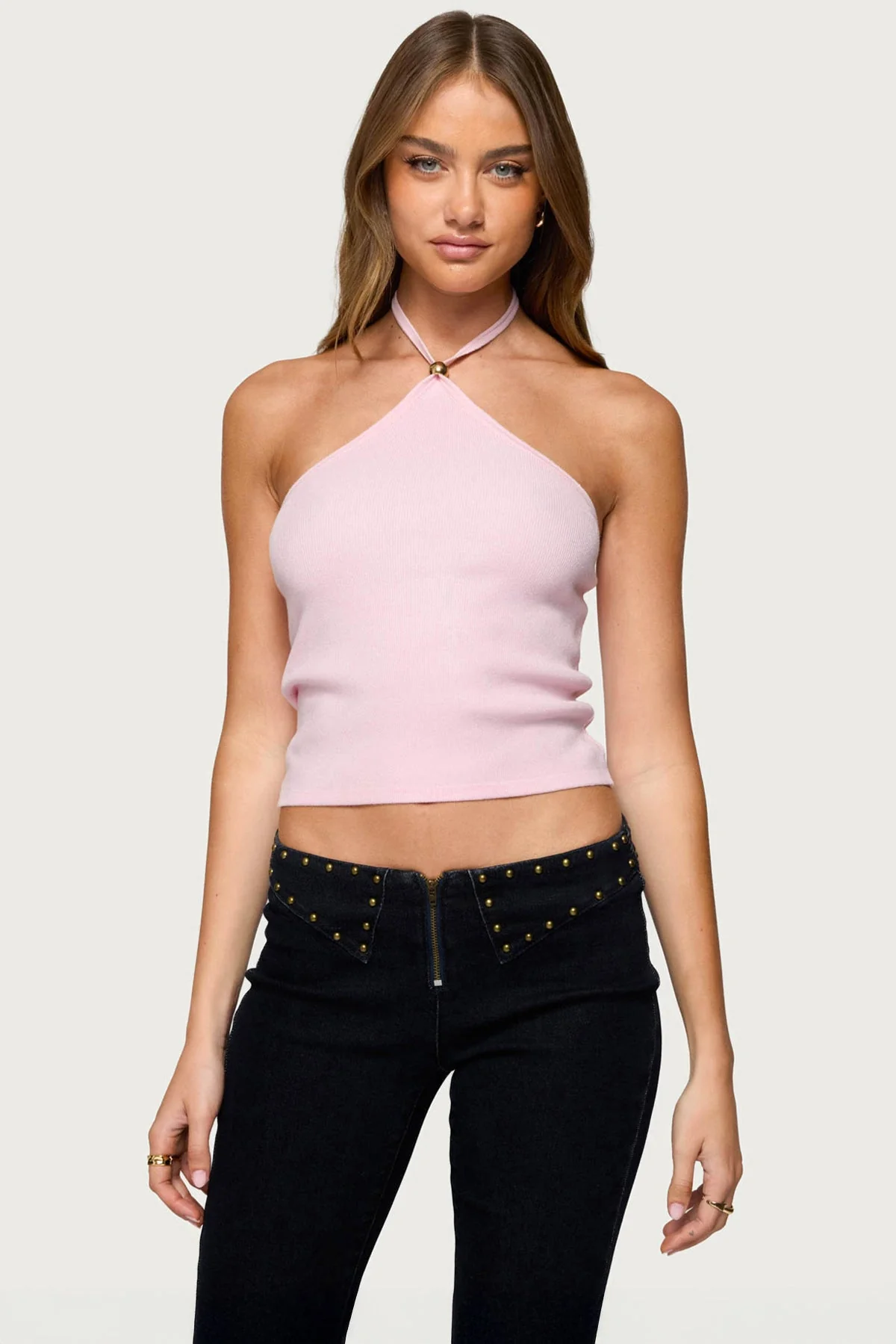 Light Pink Knit Halter Top - Womens Beaded Sleeveless Shirt