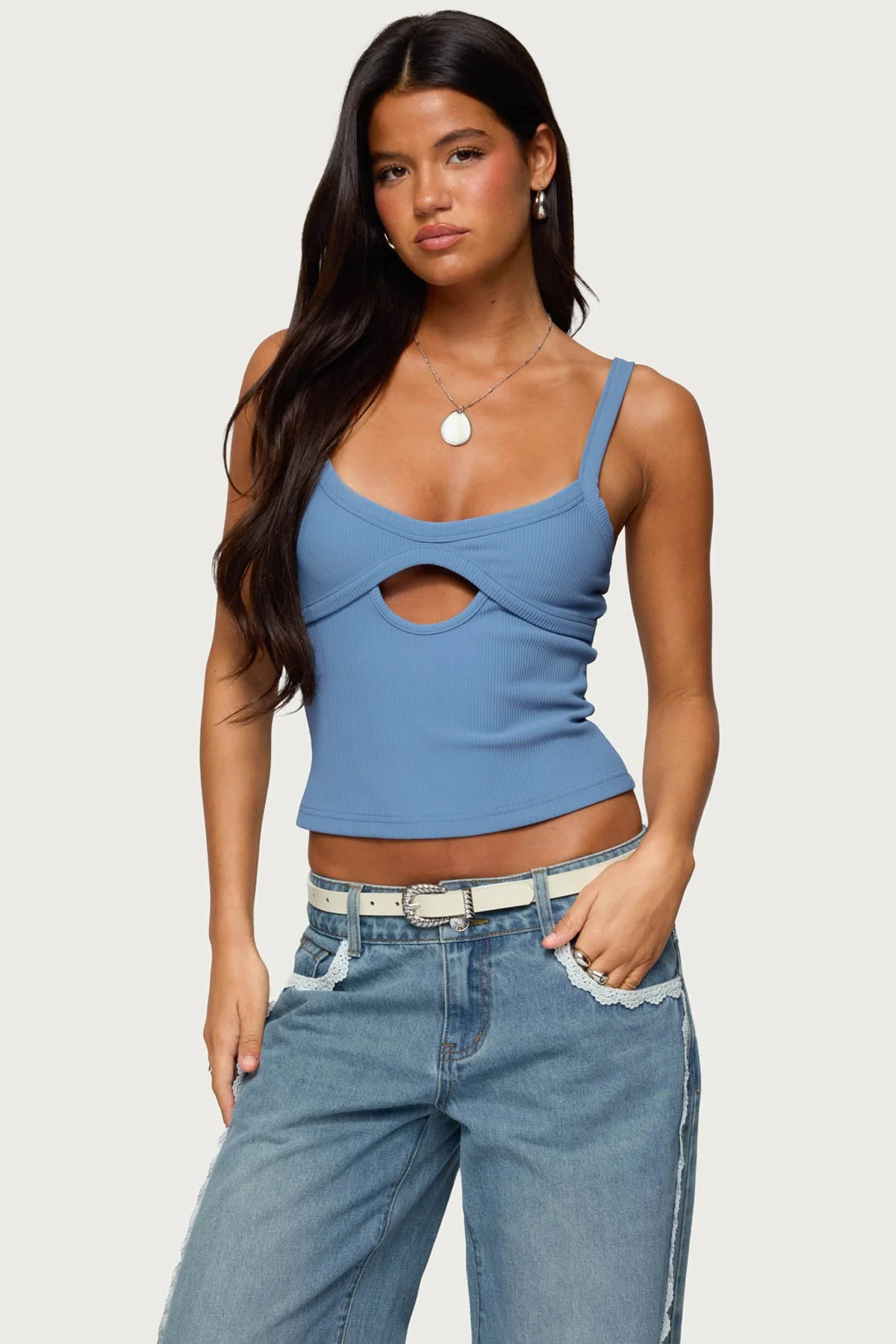 Blue Cut Out Ribbed Tank Top