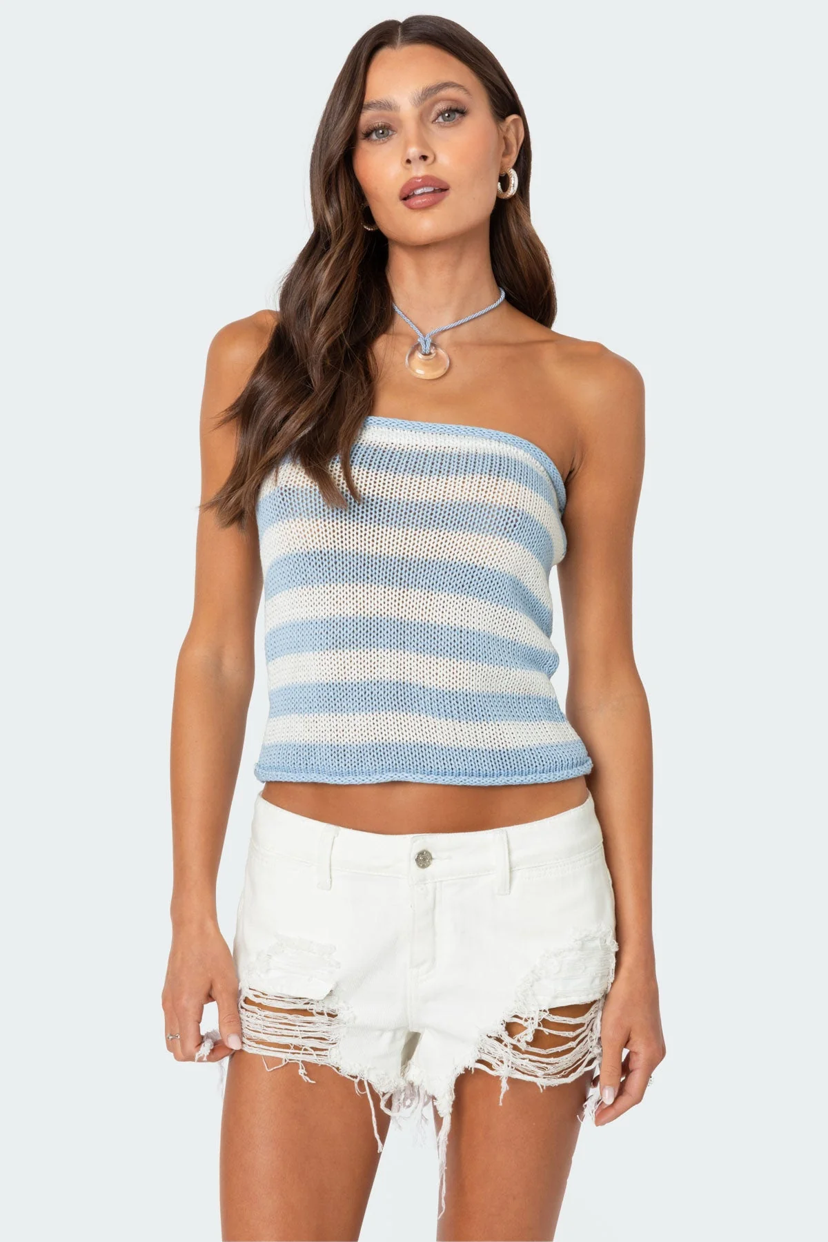 Blue and White Striped Knit Tube Top