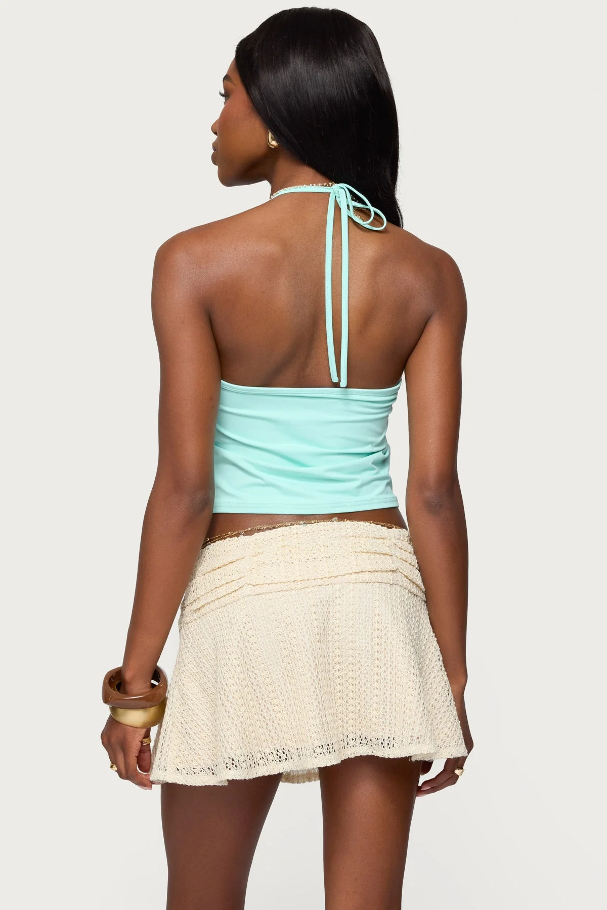 Aqua Beaded Halter Neck Top Sleeveless
