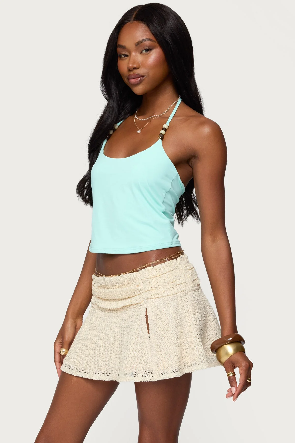 Aqua Beaded Halter Neck Top Sleeveless