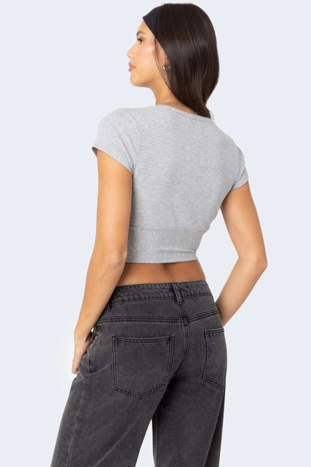 Gray Melange Plunge Neck Cotton Crop Top