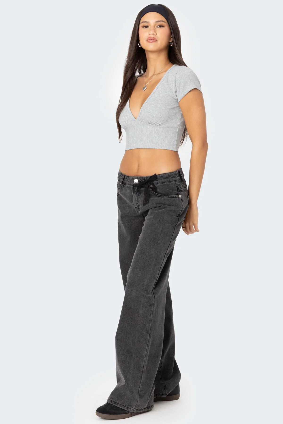 Gray Melange Plunge Neck Cotton Crop Top