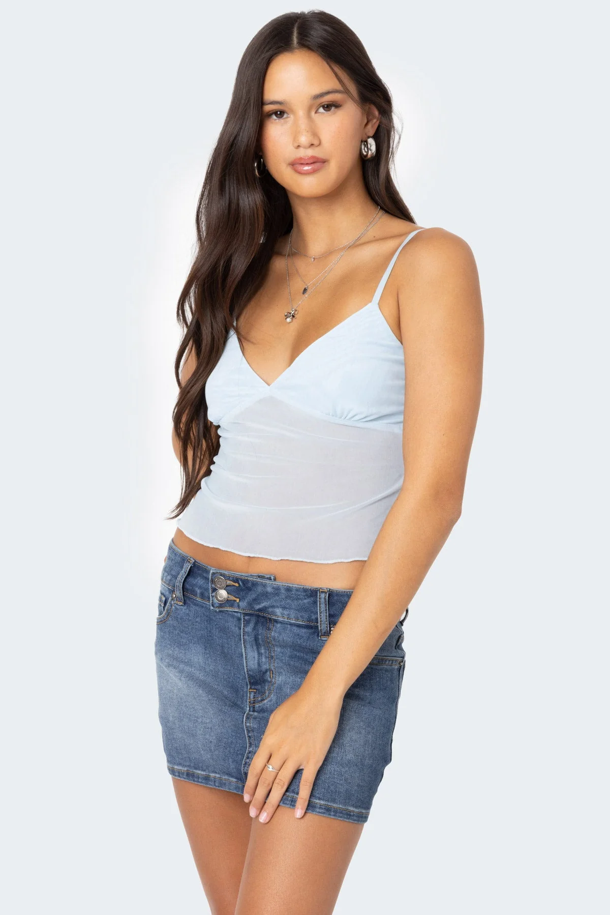 Light Blue Sheer Mesh Tank Top - Adjustable Straps & Triangle Design