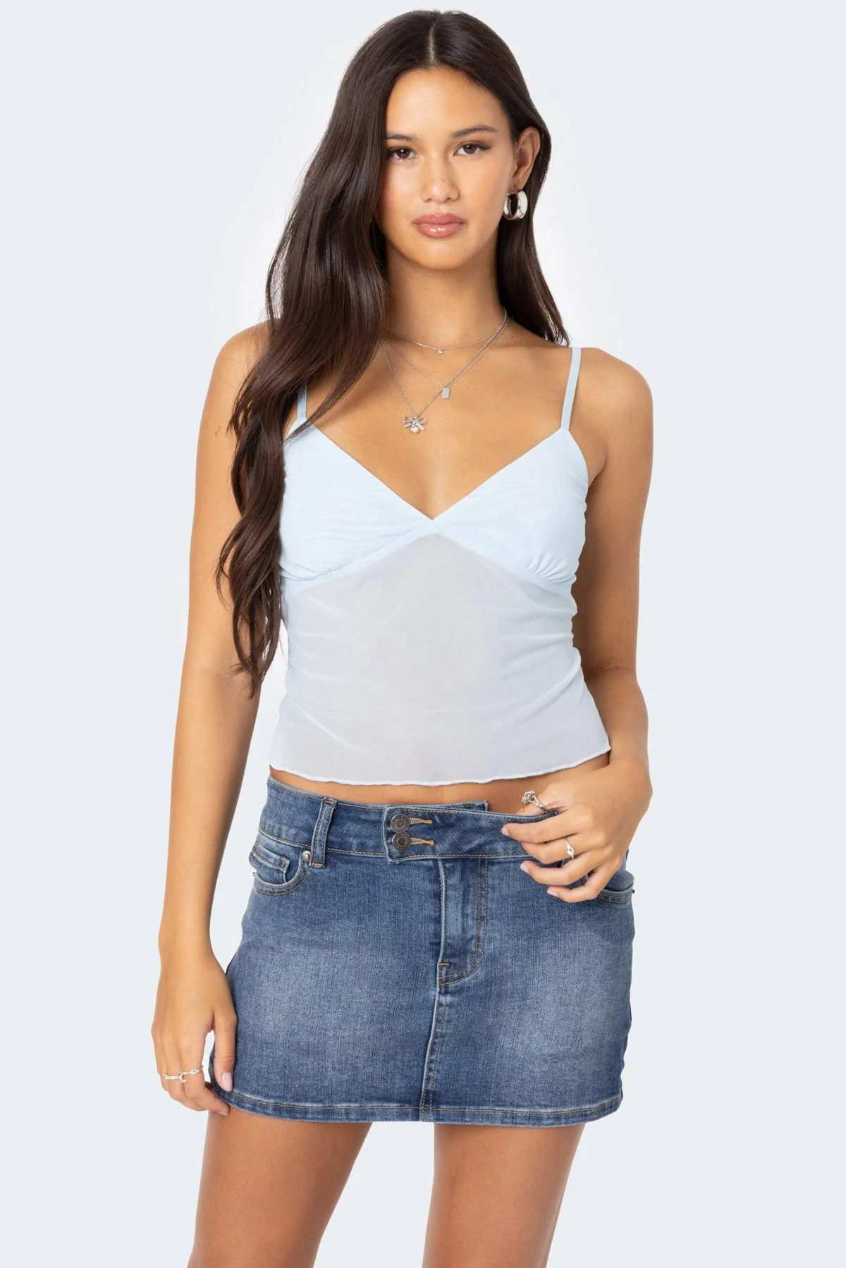 Light Blue Sheer Mesh Tank Top - Adjustable Straps & Triangle Design