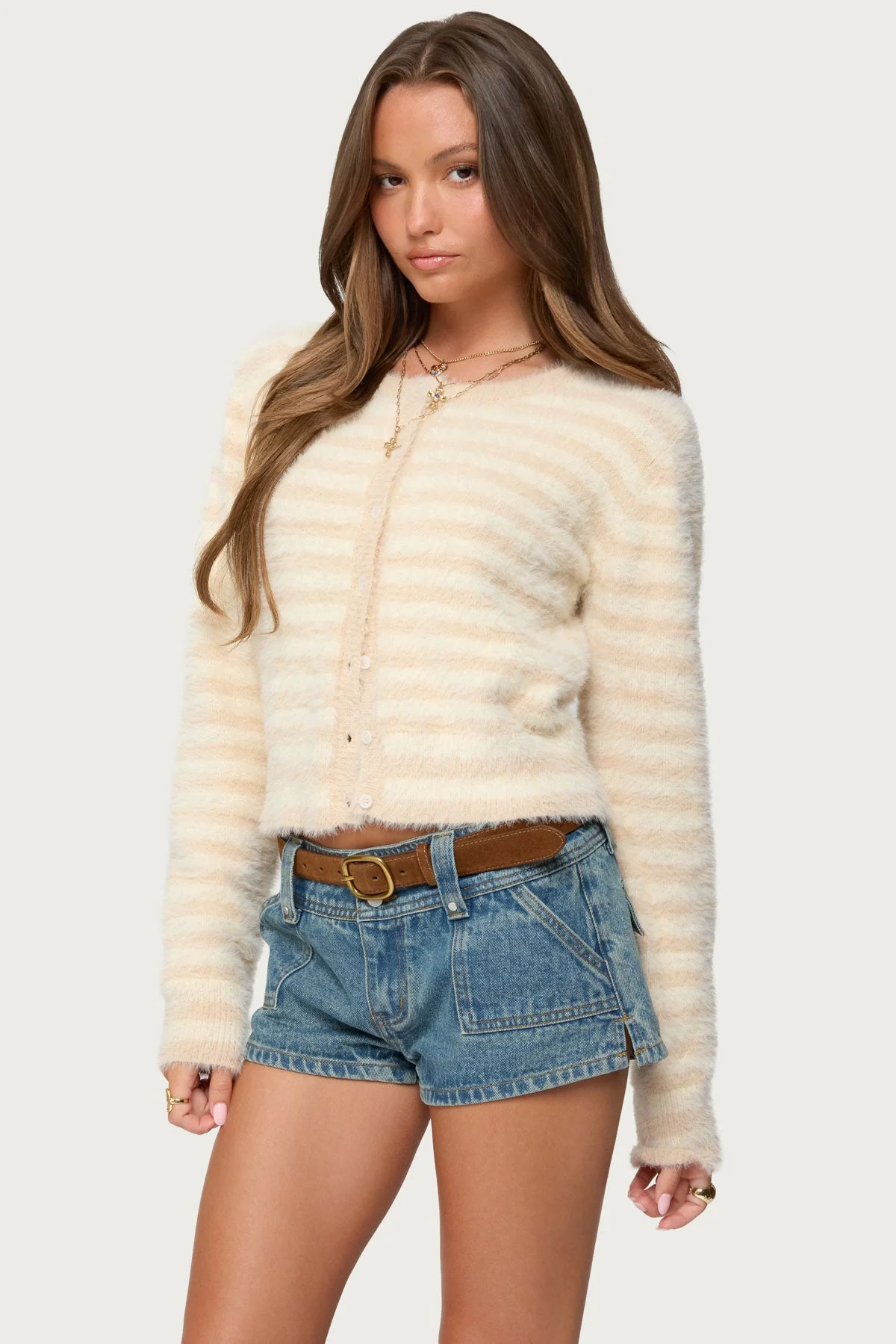 Cream Striped Knit Cardigan for Women