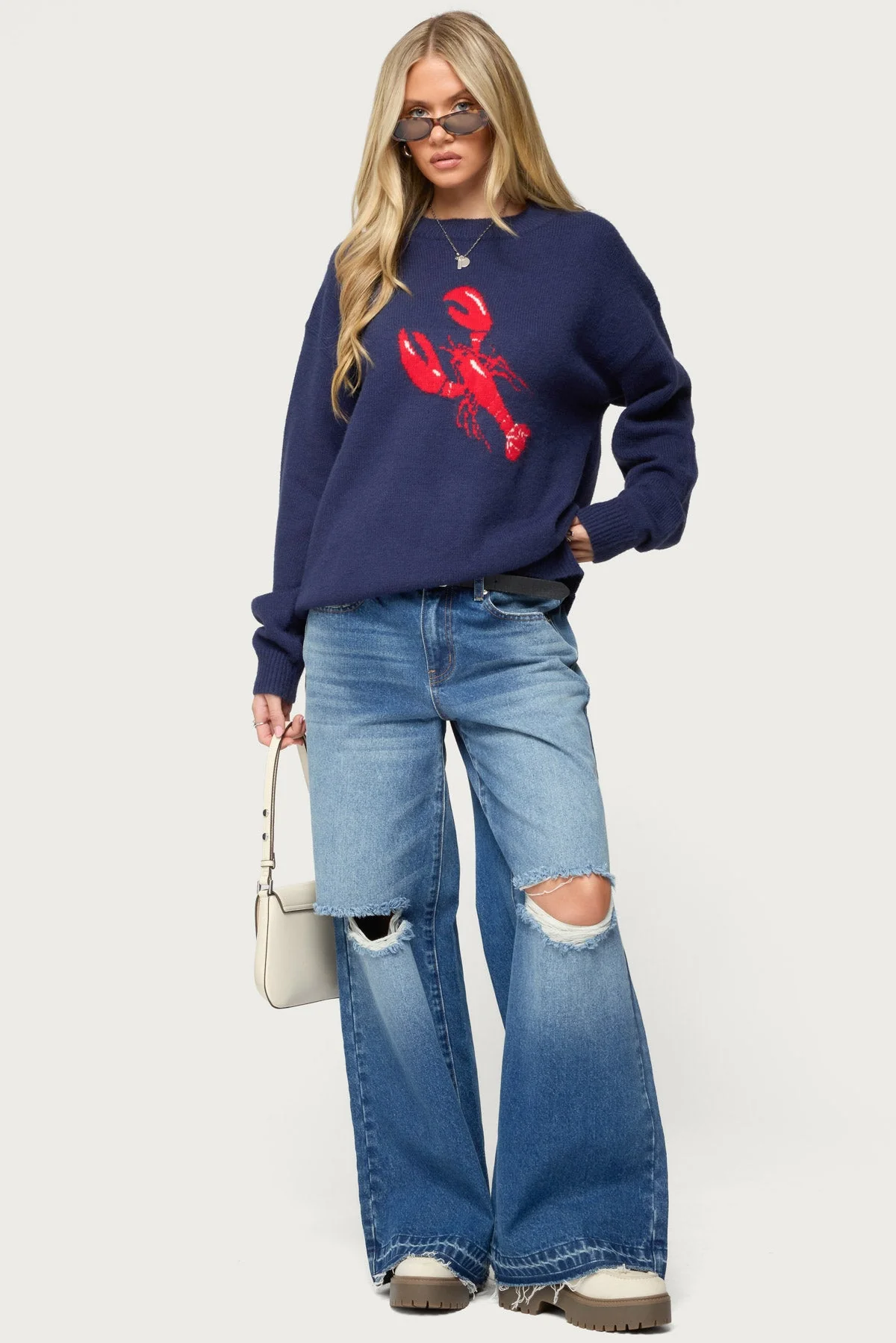Navy Knit Lobster Graphic Sweater - Cozy Long Sleeve Outerwear